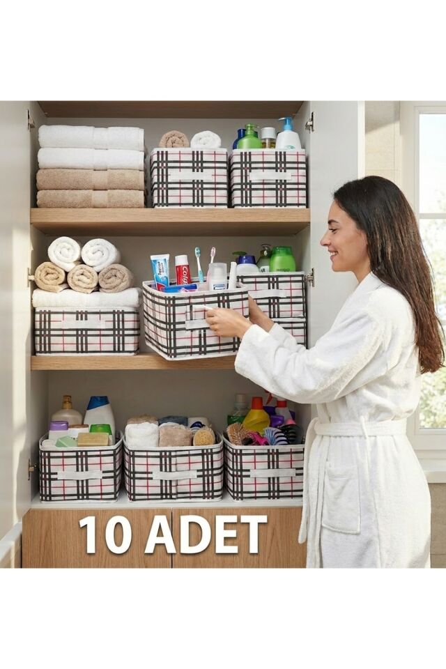 10 Adet Dolap Raf Düzenleyicisi Desenli KulpLu Organizer 45x24.20 Beyaz