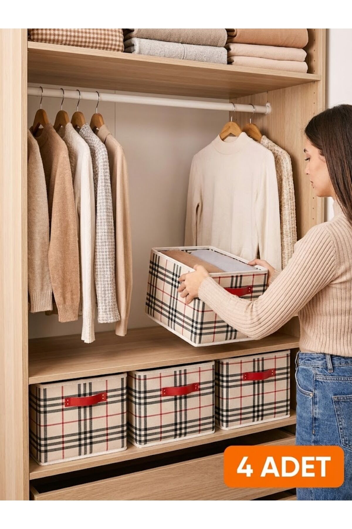4 Adet Dolap Raf Düzenleyicisi Desenli KulpLu Organizer 45x24.20 Beyaz