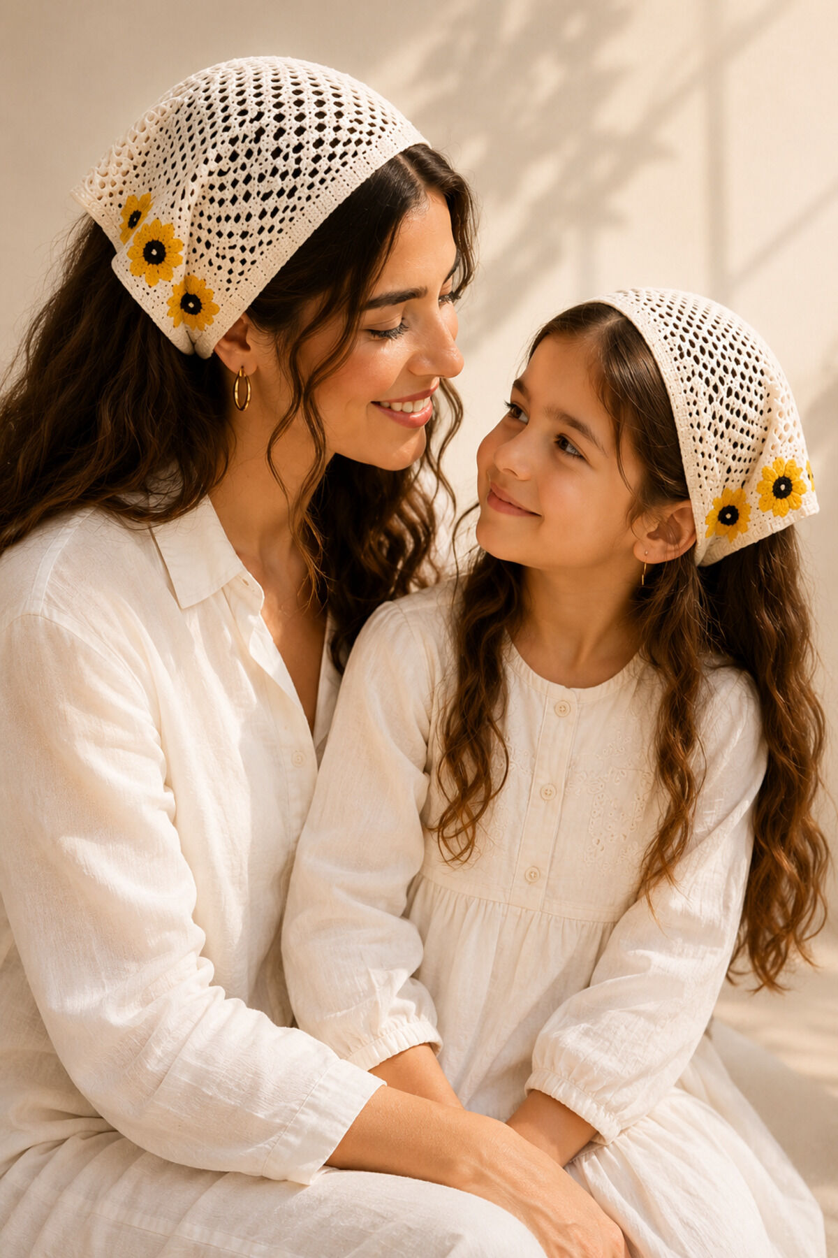 2li Anne & Kız Örgü Bandana Kombini – Çiçek Motifli Saç Bandanası (Çocuk 4-12 Yaş) Sarı