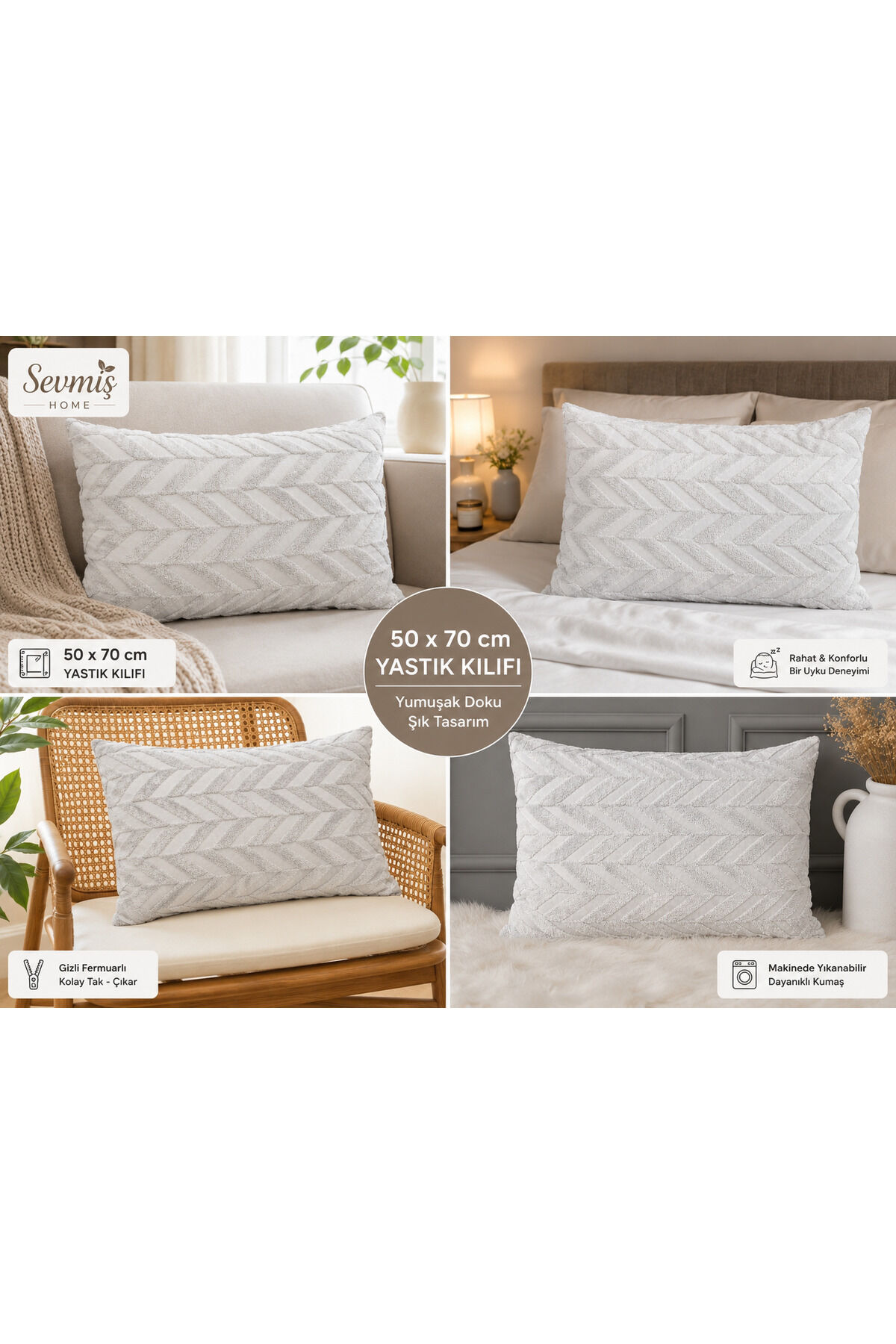 50x70 cm Wersoft Kumaş Dekoratif Yastık Kılıfı Modern Şık Tasarım ekru Gri