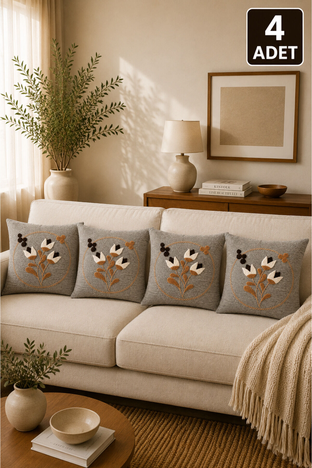 4’lü Punch Kırlent Kılıfı Seti – Aynı Renk ve Desen – Dekoratif Keten Kırlent 43x43 cm Bej19