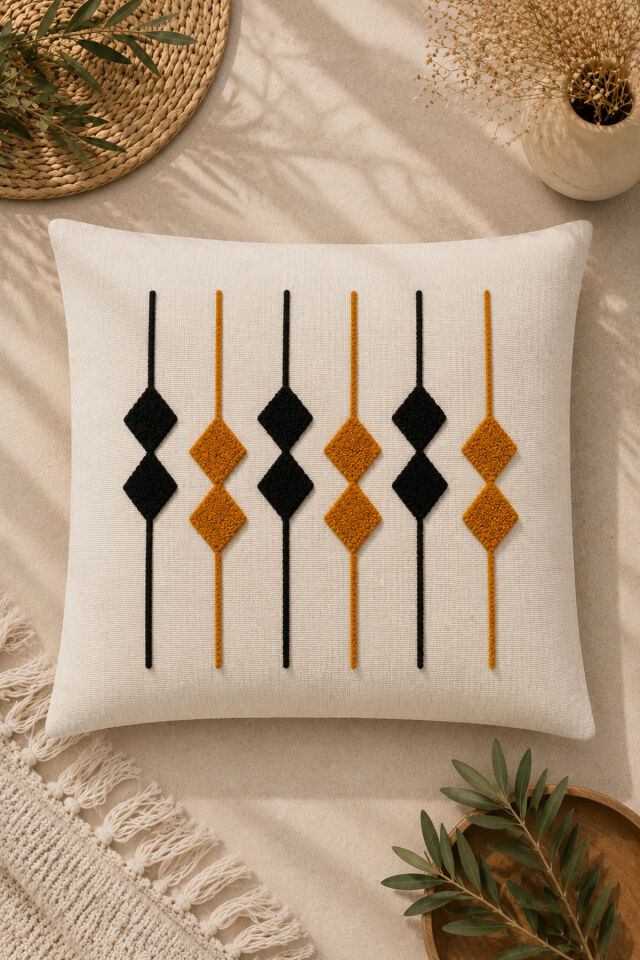 4’lü Punch Kırlent Kılıfı Seti – Aynı Renk ve Desen – Dekoratif Keten Kırlent 43x43 cm Bej5