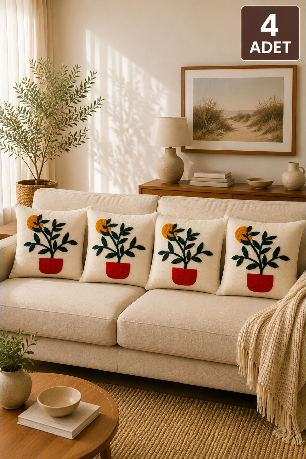 4’lü Punch Kırlent Kılıfı Seti – Aynı Renk ve Desen – Dekoratif Keten Kırlent 43x43 cm Bej4