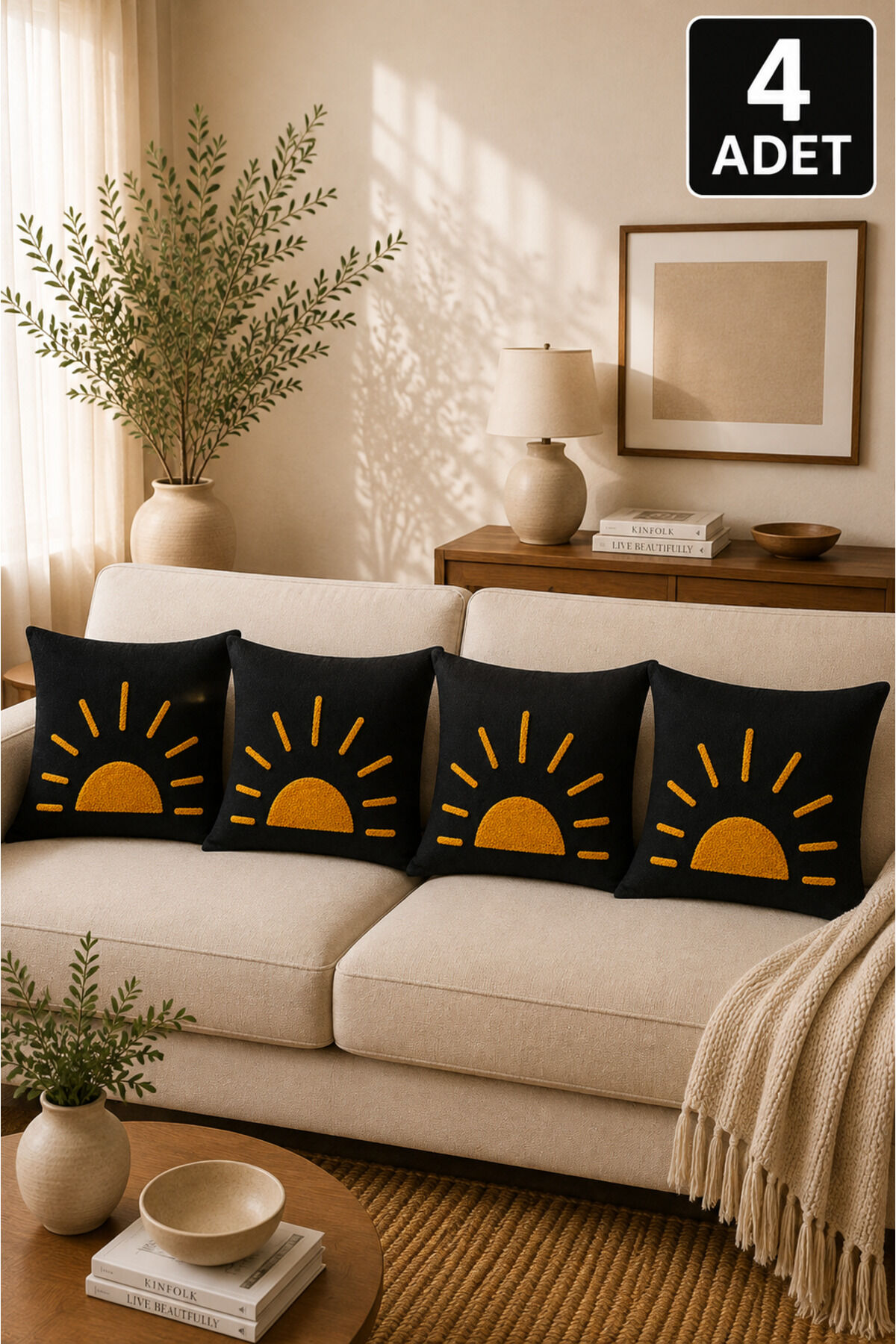 4’lü Punch Kırlent Kılıfı Seti – Aynı Renk ve Desen – Dekoratif Keten Kırlent 43x43 cm Bej22