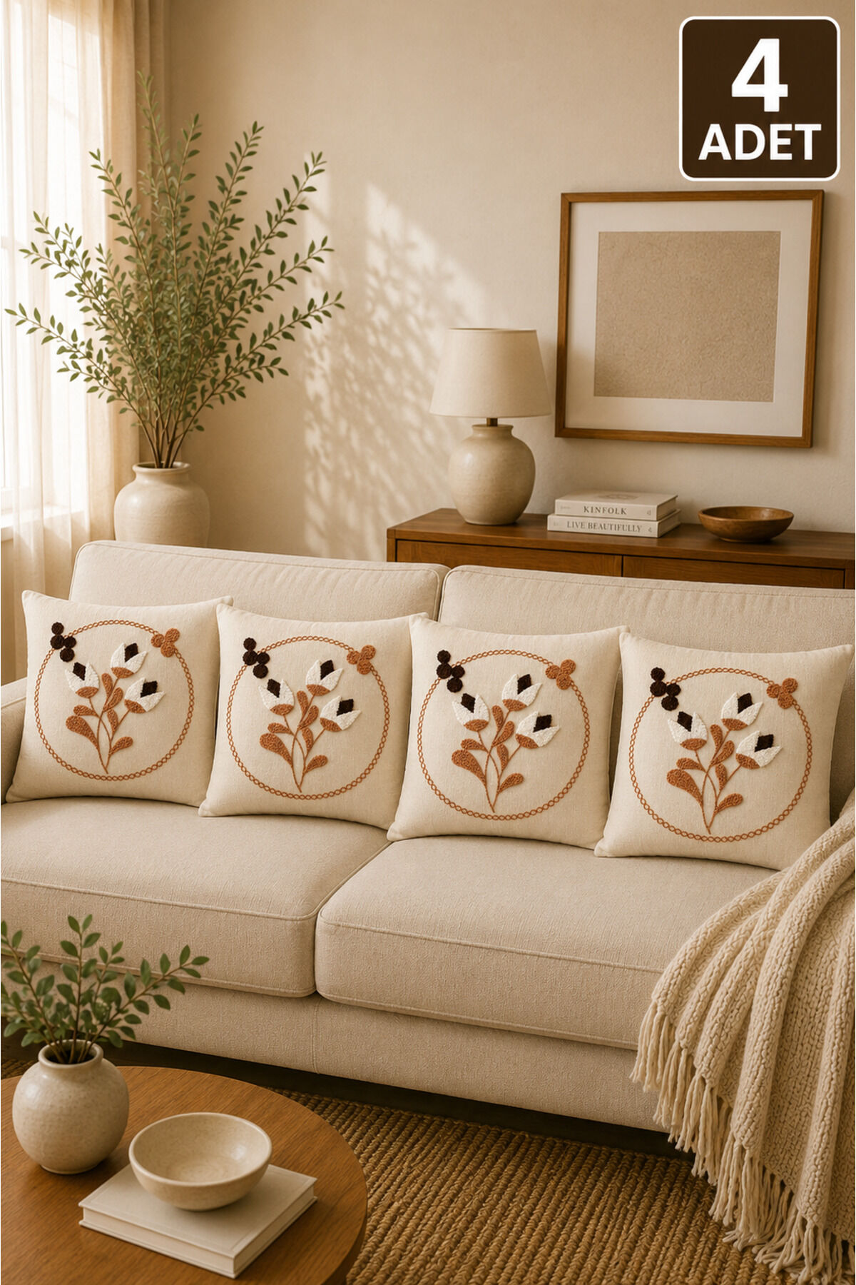 4’lü Punch Kırlent Kılıfı Seti – Aynı Renk ve Desen – Dekoratif Keten Kırlent 43x43 cm Bej14