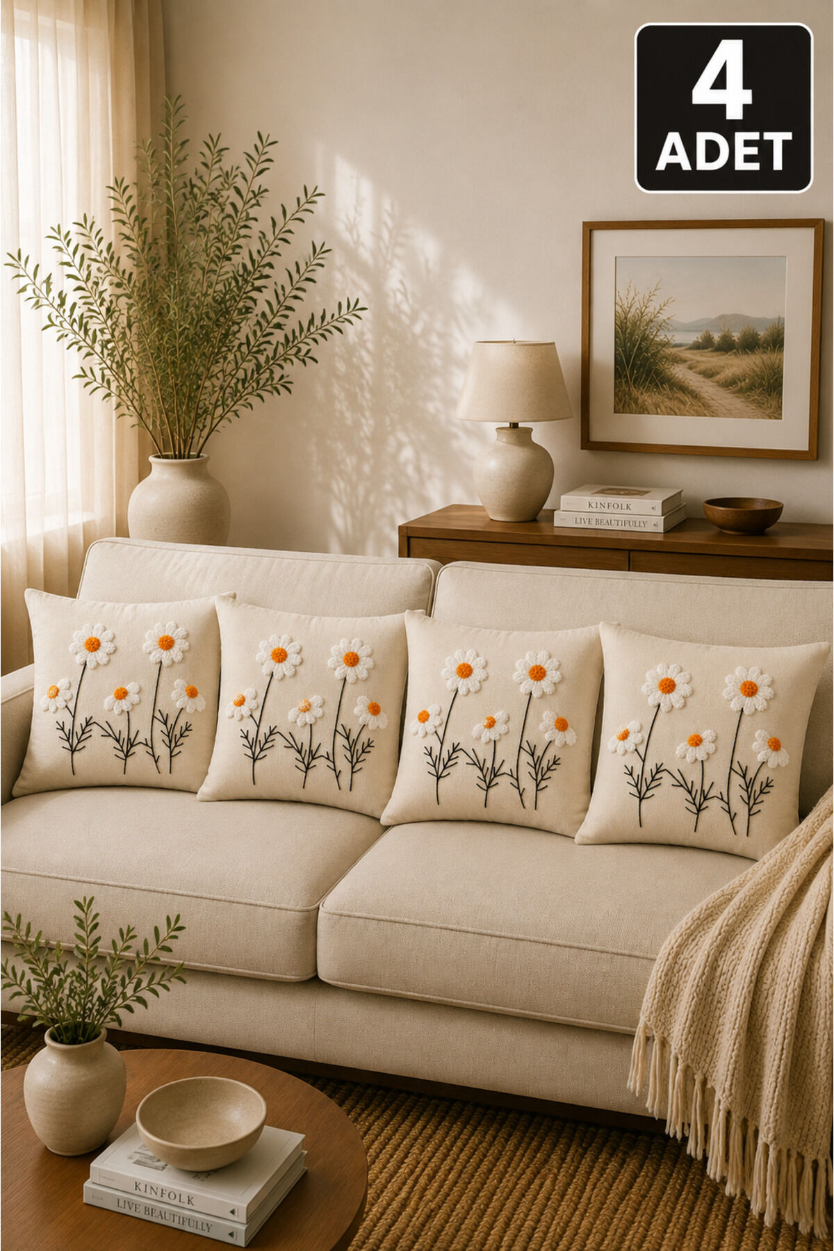 4’lü Punch Kırlent Kılıfı Seti – Aynı Renk ve Desen – Dekoratif Keten Kırlent 43x43 cm Bej21