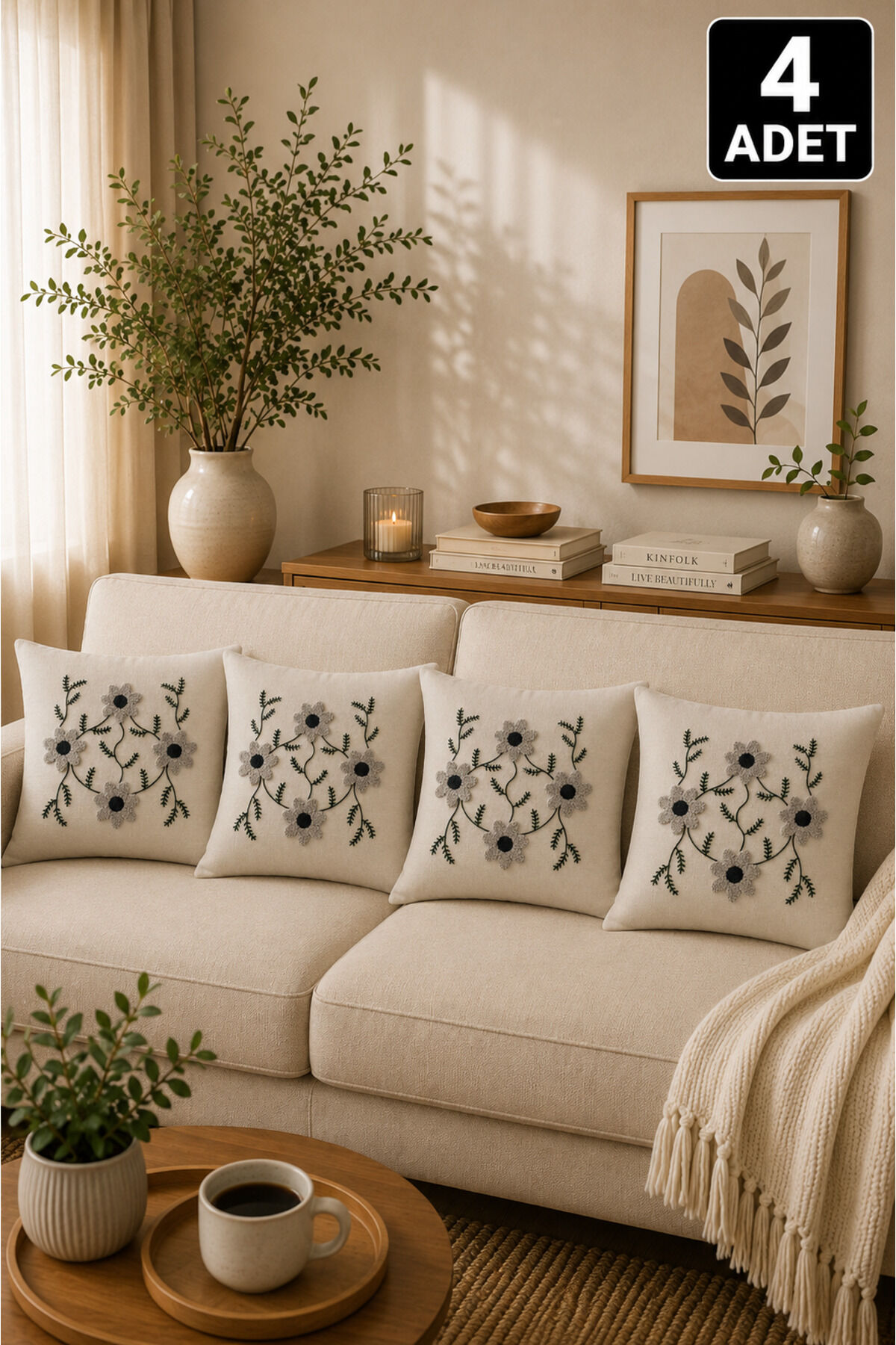 4’lü Punch Kırlent Kılıfı Seti – Aynı Renk ve Desen – Dekoratif Keten Kırlent 43x43 cm Bej27