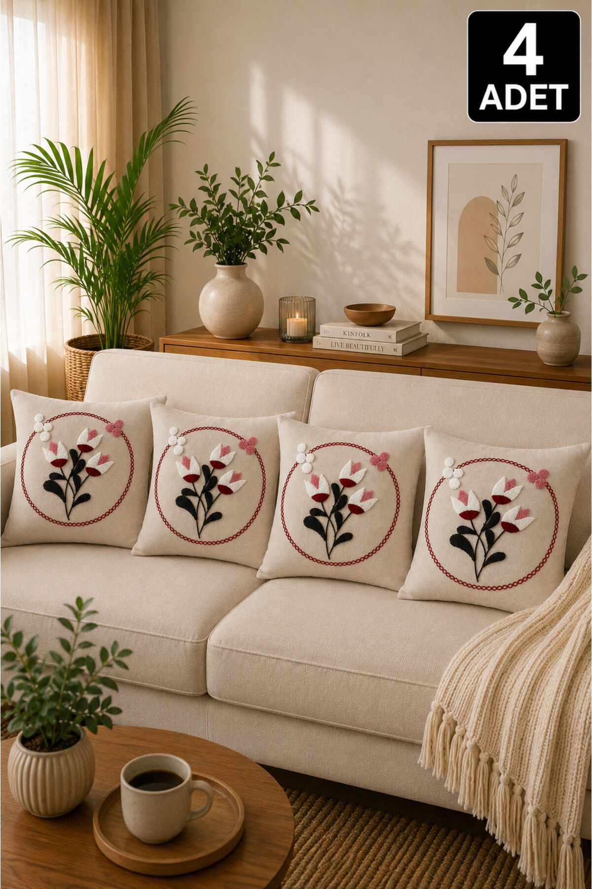 4’lü Punch Kırlent Kılıfı Seti – Aynı Renk ve Desen – Dekoratif Keten Kırlent 43x43 cm Bej29