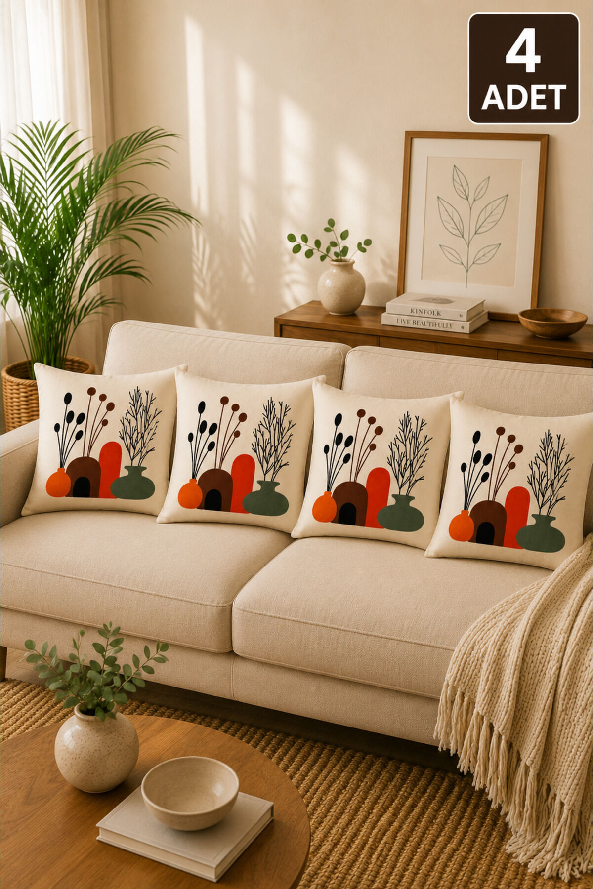4’lü Punch Kırlent Kılıfı Seti – Aynı Renk ve Desen – Dekoratif Keten Kırlent 43x43 cm Bej9