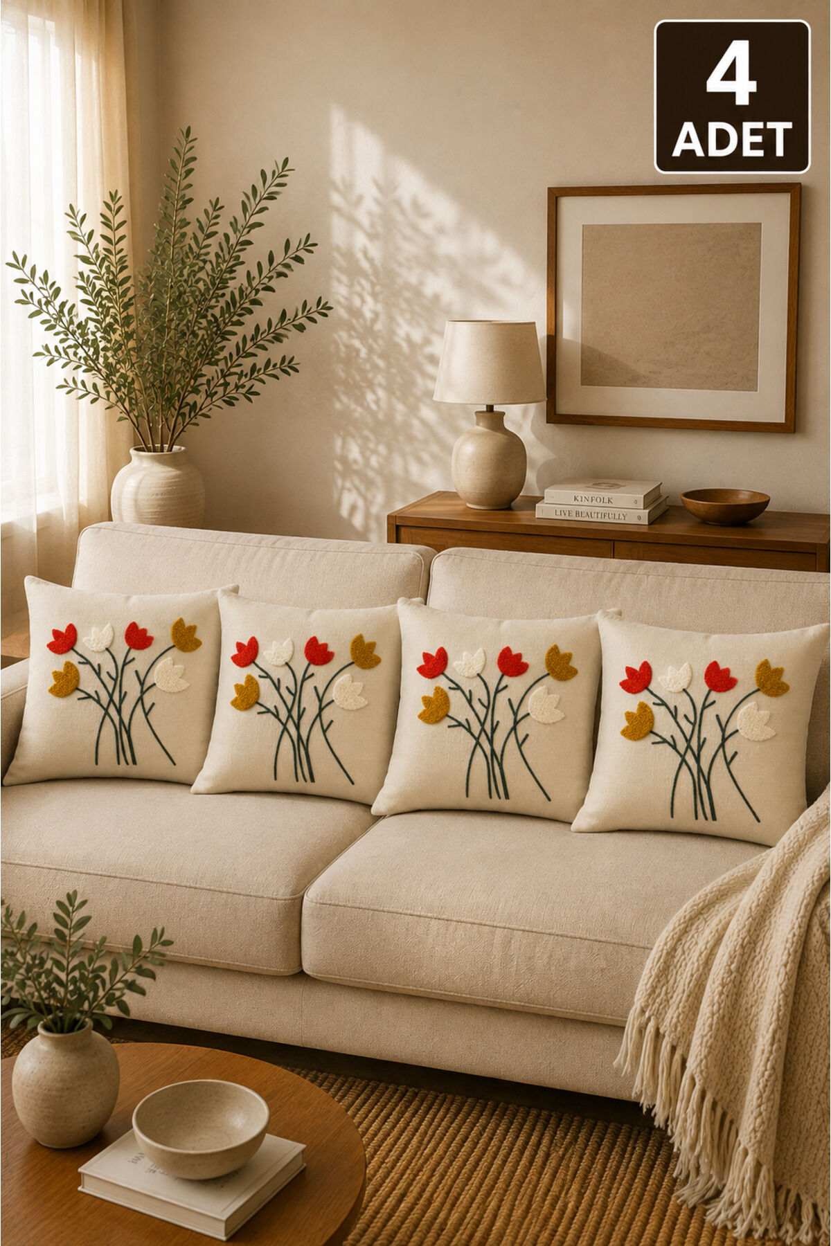4’lü Punch Kırlent Kılıfı Seti – Aynı Renk ve Desen – Dekoratif Keten Kırlent 43x43 cm Bej15