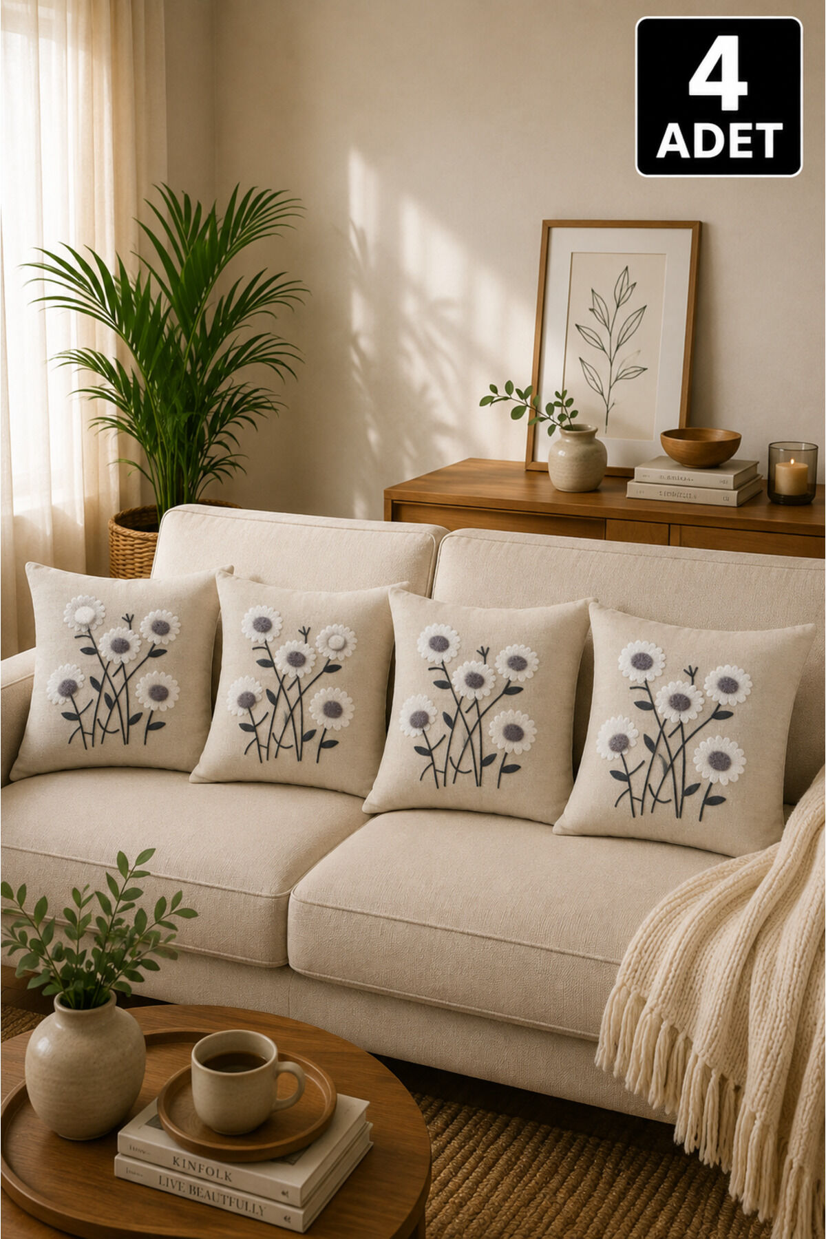4’lü Punch Kırlent Kılıfı Seti – Aynı Renk ve Desen – Dekoratif Keten Kırlent 43x43 cm Bej25