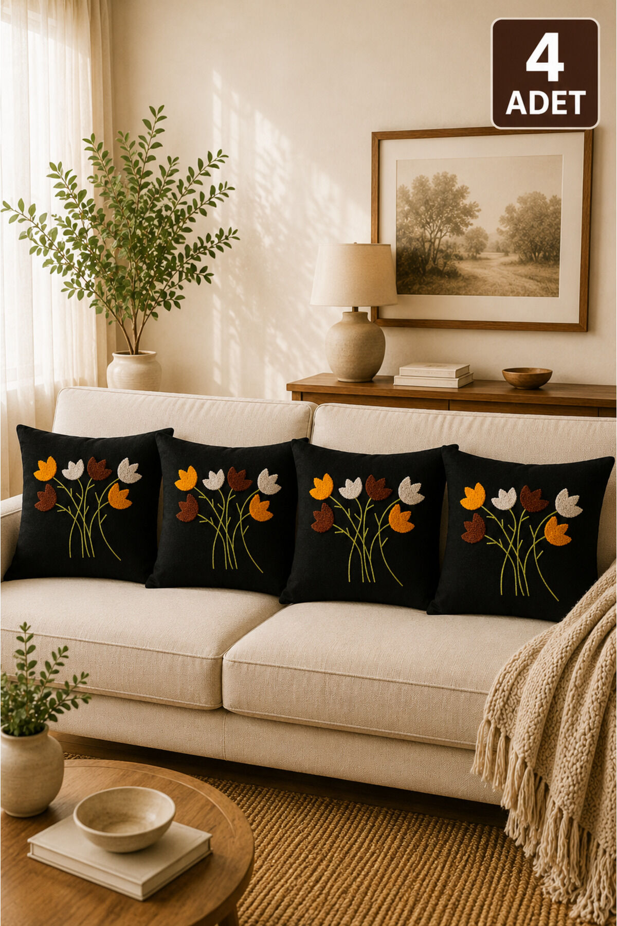 4’lü Punch Kırlent Kılıfı Seti – Aynı Renk ve Desen – Dekoratif Keten Kırlent 43x43 cm Bej8
