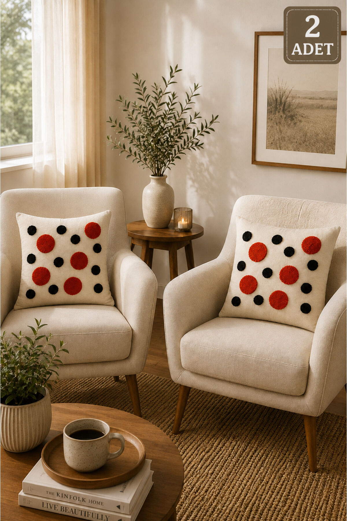 2 Adet Punch Kırlent Kılıfı 43x43 cm – Dekoratif Nakışlı Kırlent Seti Bej2