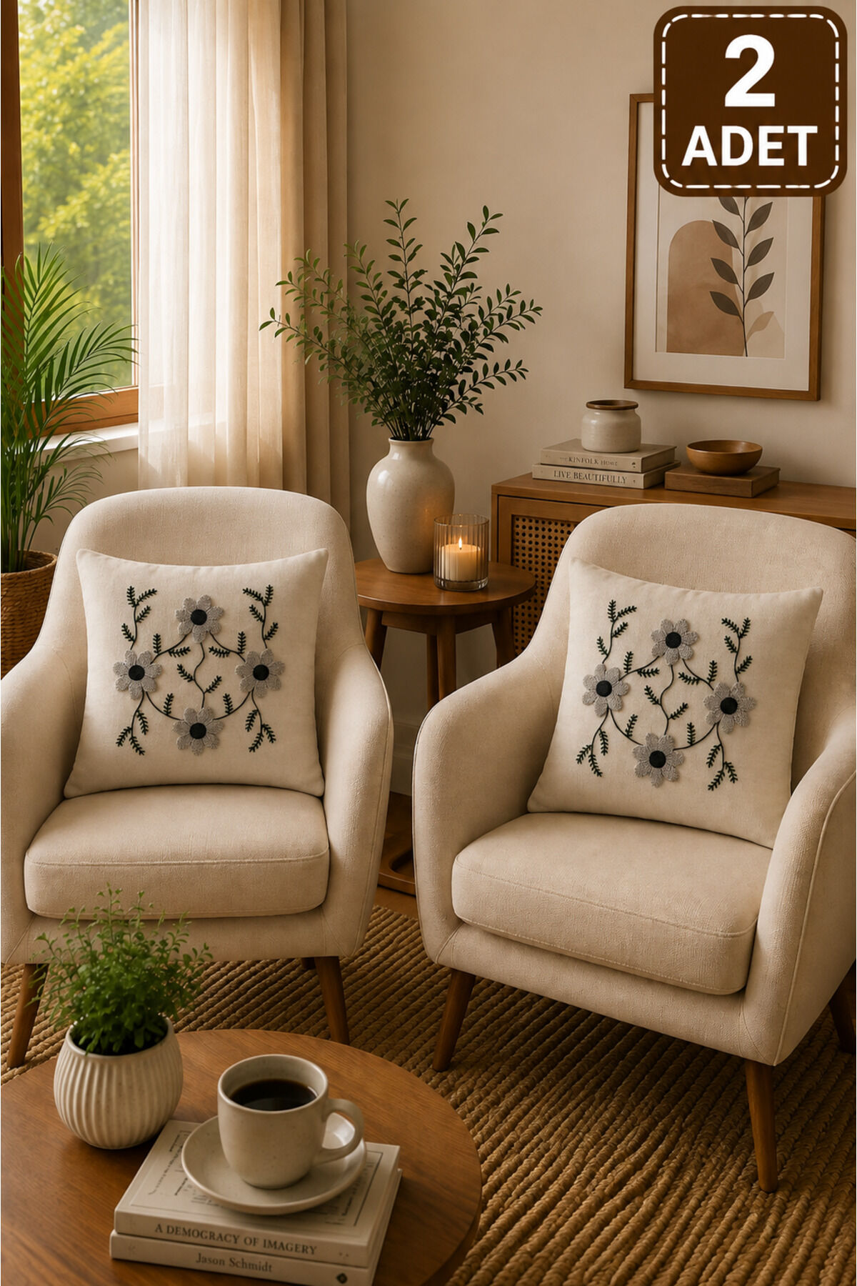 2 Adet Punch Kırlent Kılıfı 43x43 cm – Dekoratif Nakışlı Kırlent Seti Bej27