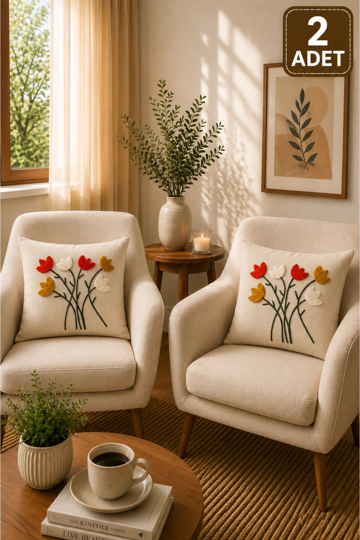 2 Adet Punch Kırlent Kılıfı 43x43 cm – Dekoratif Nakışlı Kırlent Seti Bej15