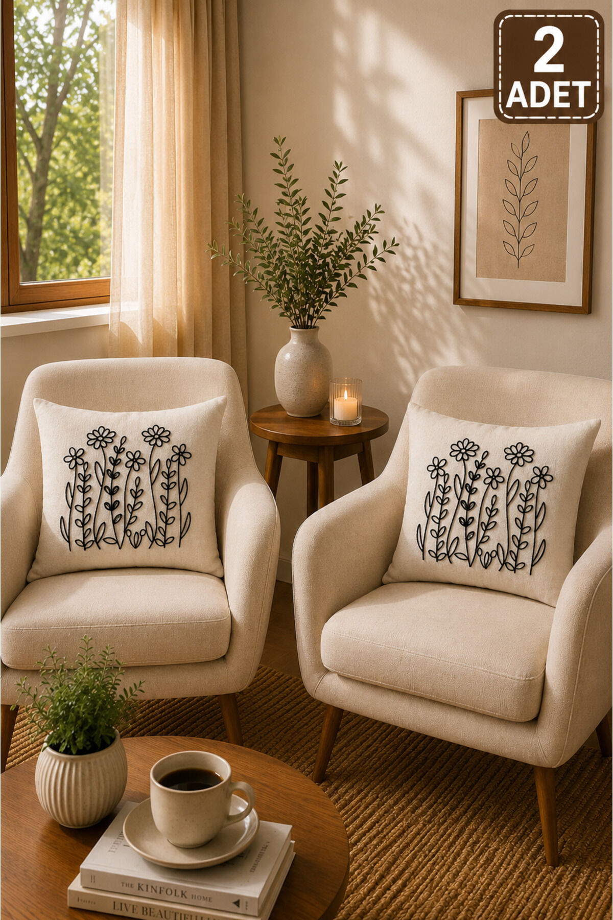 2 Adet Punch Kırlent Kılıfı 43x43 cm – Dekoratif Nakışlı Kırlent Seti Bej16