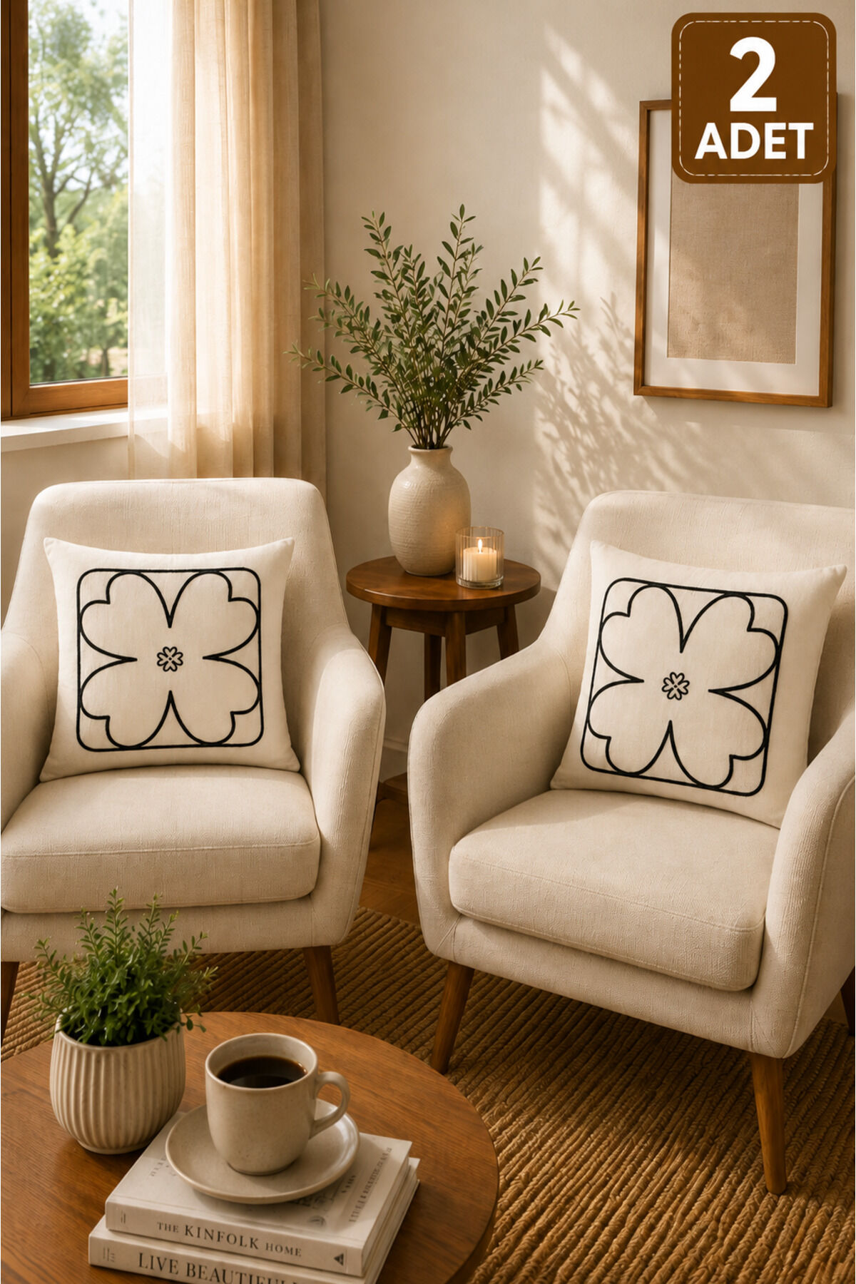 2 Adet Punch Kırlent Kılıfı 43x43 cm – Dekoratif Nakışlı Kırlent Seti Bej12