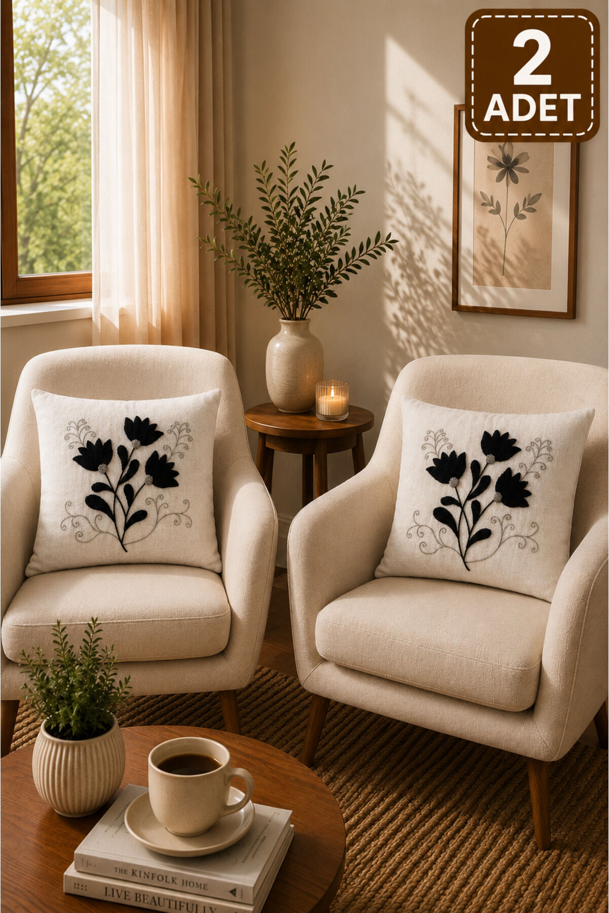 2 Adet Punch Kırlent Kılıfı 43x43 cm – Dekoratif Nakışlı Kırlent Seti Bej23