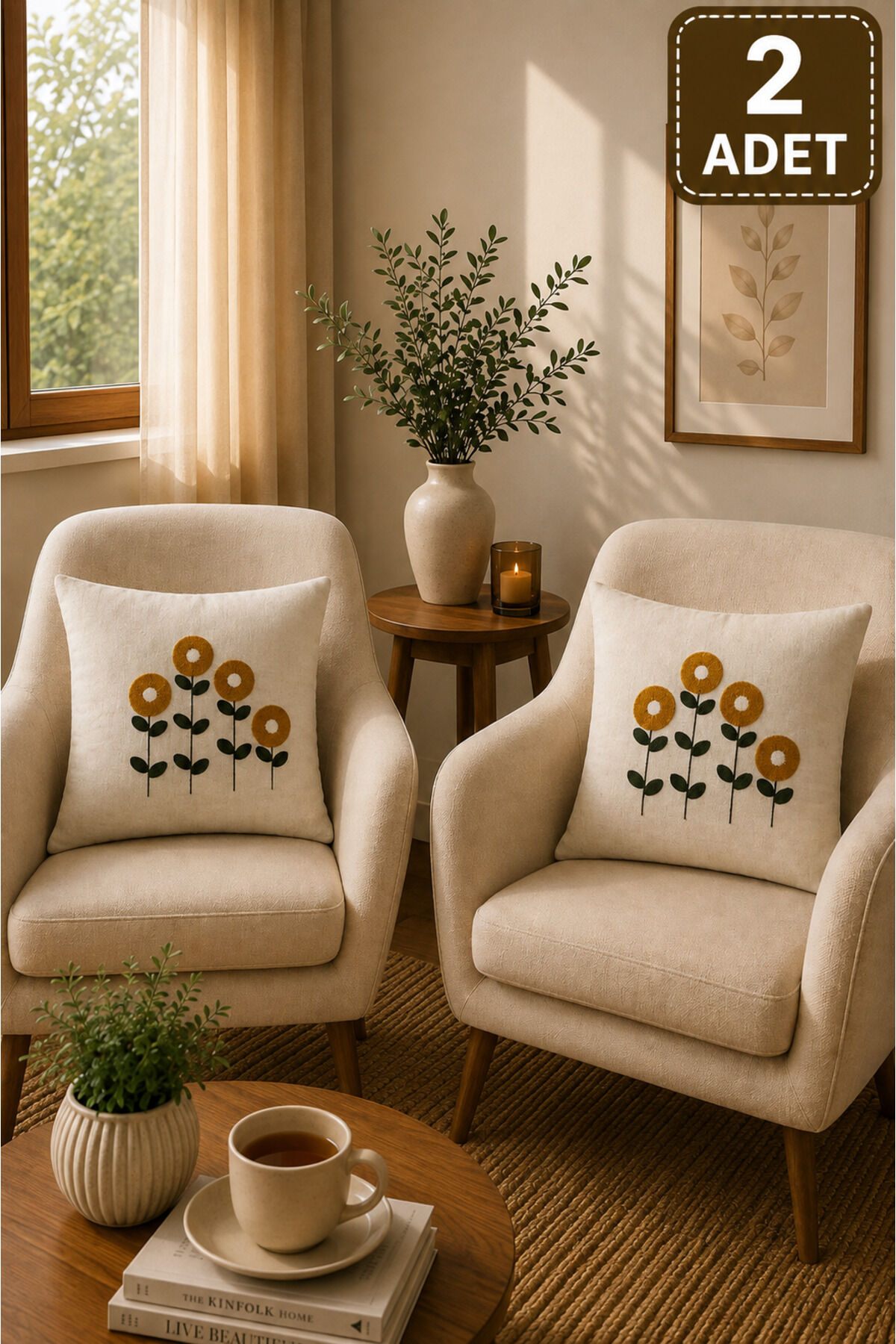 2 Adet Punch Kırlent Kılıfı 43x43 cm – Dekoratif Nakışlı Kırlent Seti Bej24