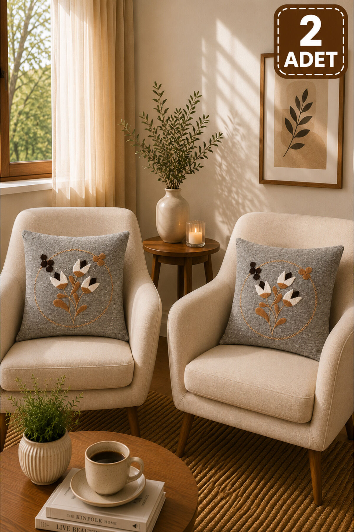 2 Adet Punch Kırlent Kılıfı 43x43 cm – Dekoratif Nakışlı Kırlent Seti Bej19