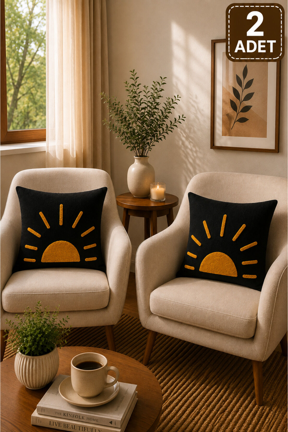 2 Adet Punch Kırlent Kılıfı 43x43 cm – Dekoratif Nakışlı Kırlent Seti Bej22