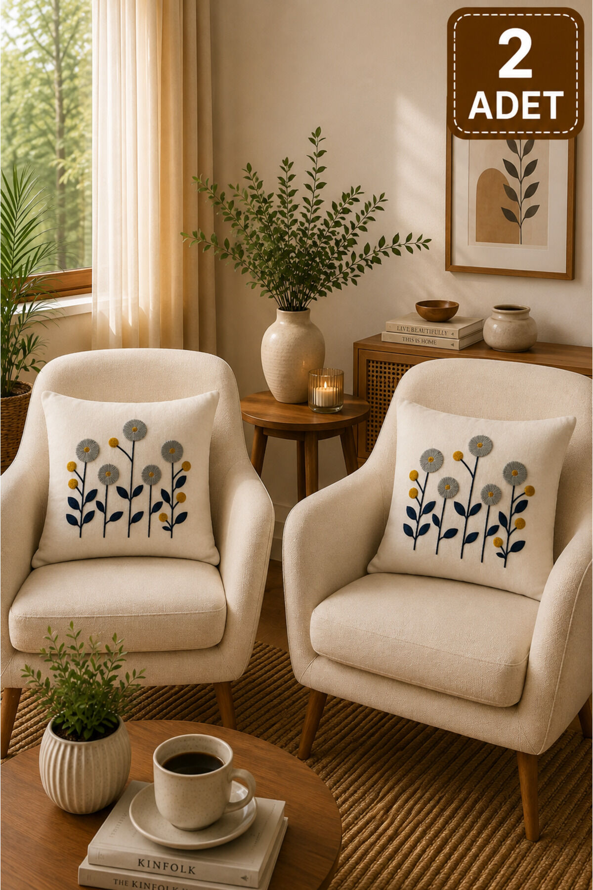 2 Adet Punch Kırlent Kılıfı 43x43 cm – Dekoratif Nakışlı Kırlent Seti Bej28