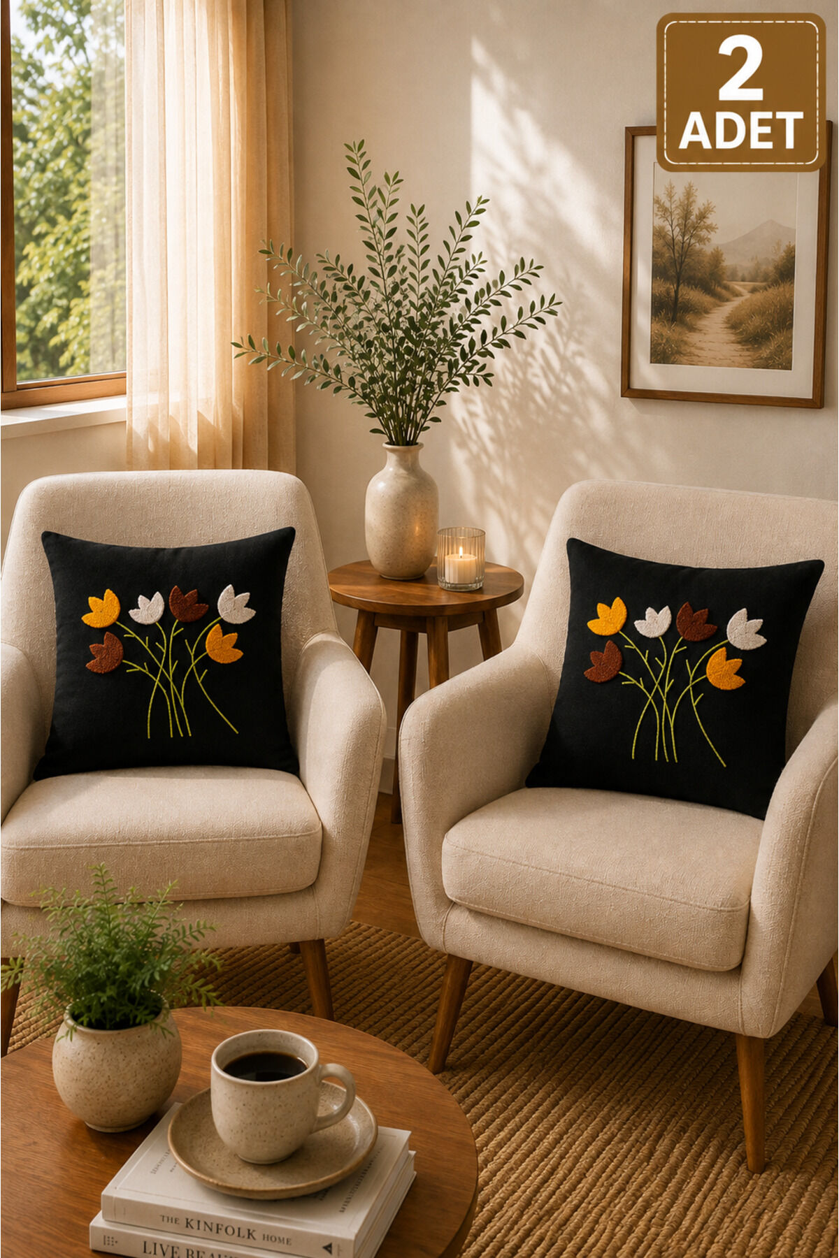 2 Adet Punch Kırlent Kılıfı 43x43 cm – Dekoratif Nakışlı Kırlent Seti Bej8