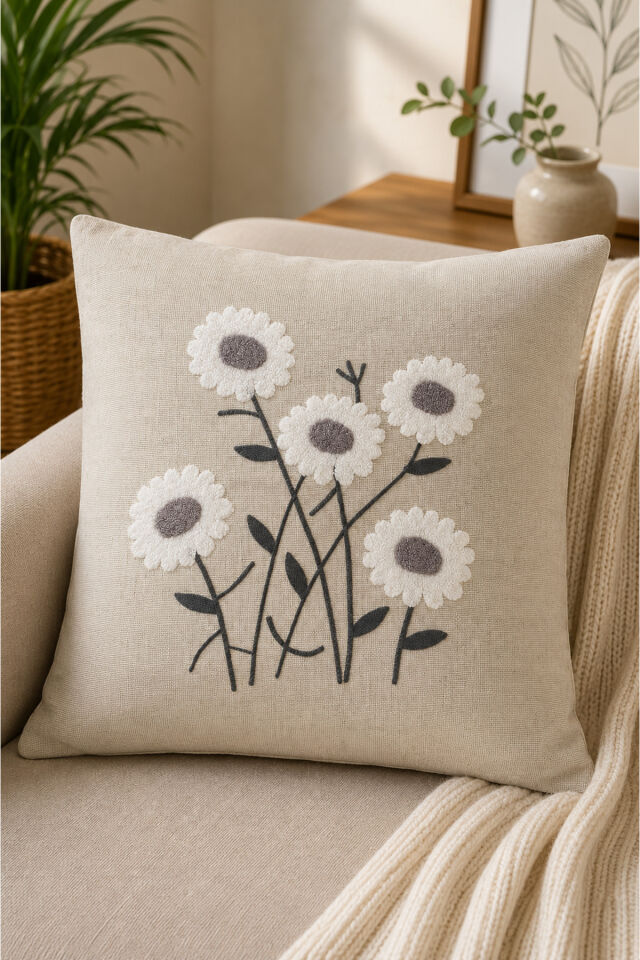 2 Adet Punch Kırlent Kılıfı 43x43 cm – Dekoratif Nakışlı Kırlent Seti Bej25