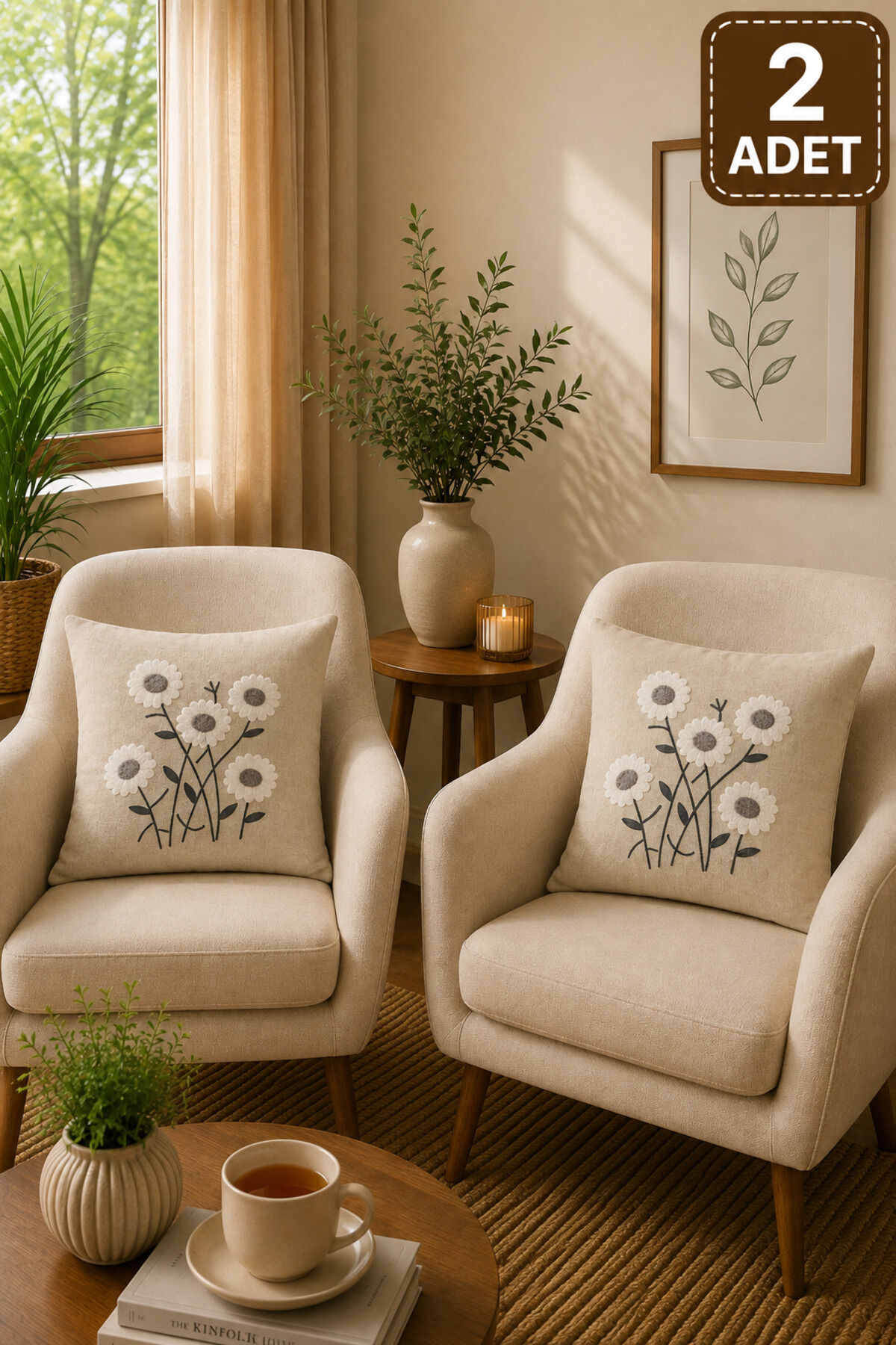 2 Adet Punch Kırlent Kılıfı 43x43 cm – Dekoratif Nakışlı Kırlent Seti Bej25