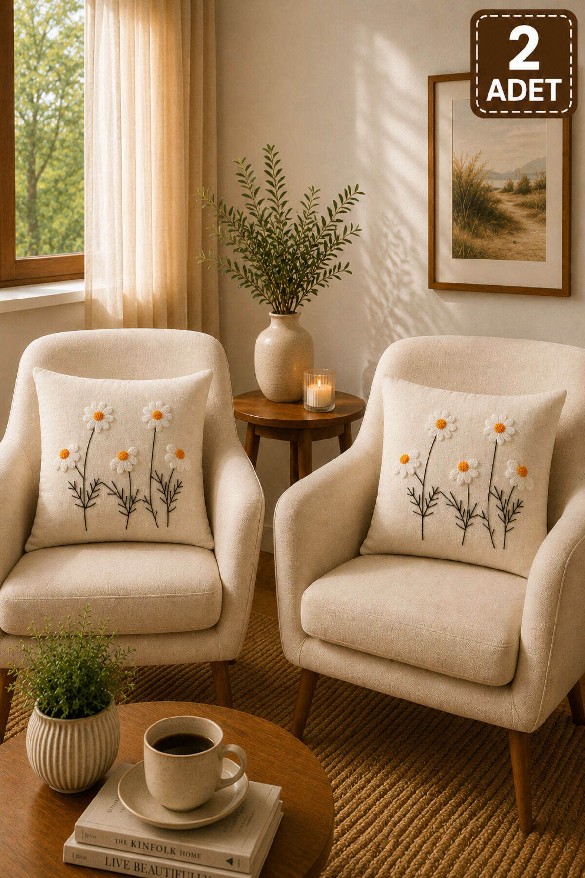2 Adet Punch Kırlent Kılıfı 43x43 cm – Dekoratif Nakışlı Kırlent Seti Bej21