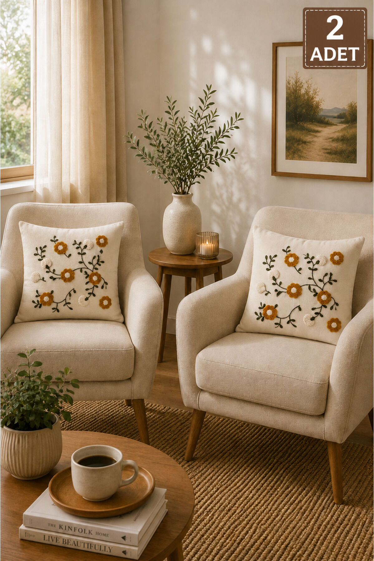 2 Adet Punch Kırlent Kılıfı 43x43 cm – Dekoratif Nakışlı Kırlent Seti Bej3