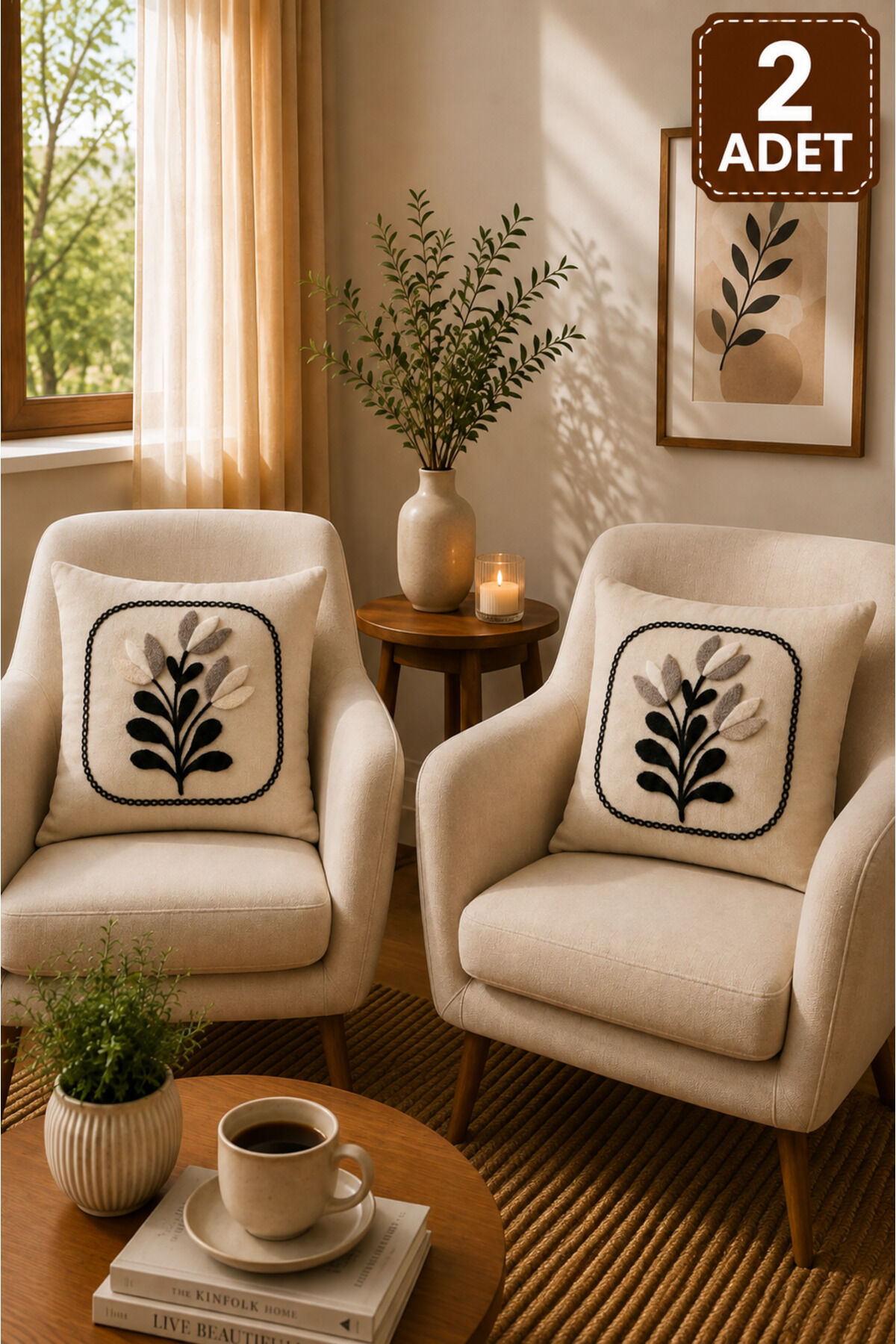 2 Adet Punch Kırlent Kılıfı 43x43 cm – Dekoratif Nakışlı Kırlent Seti Bej18