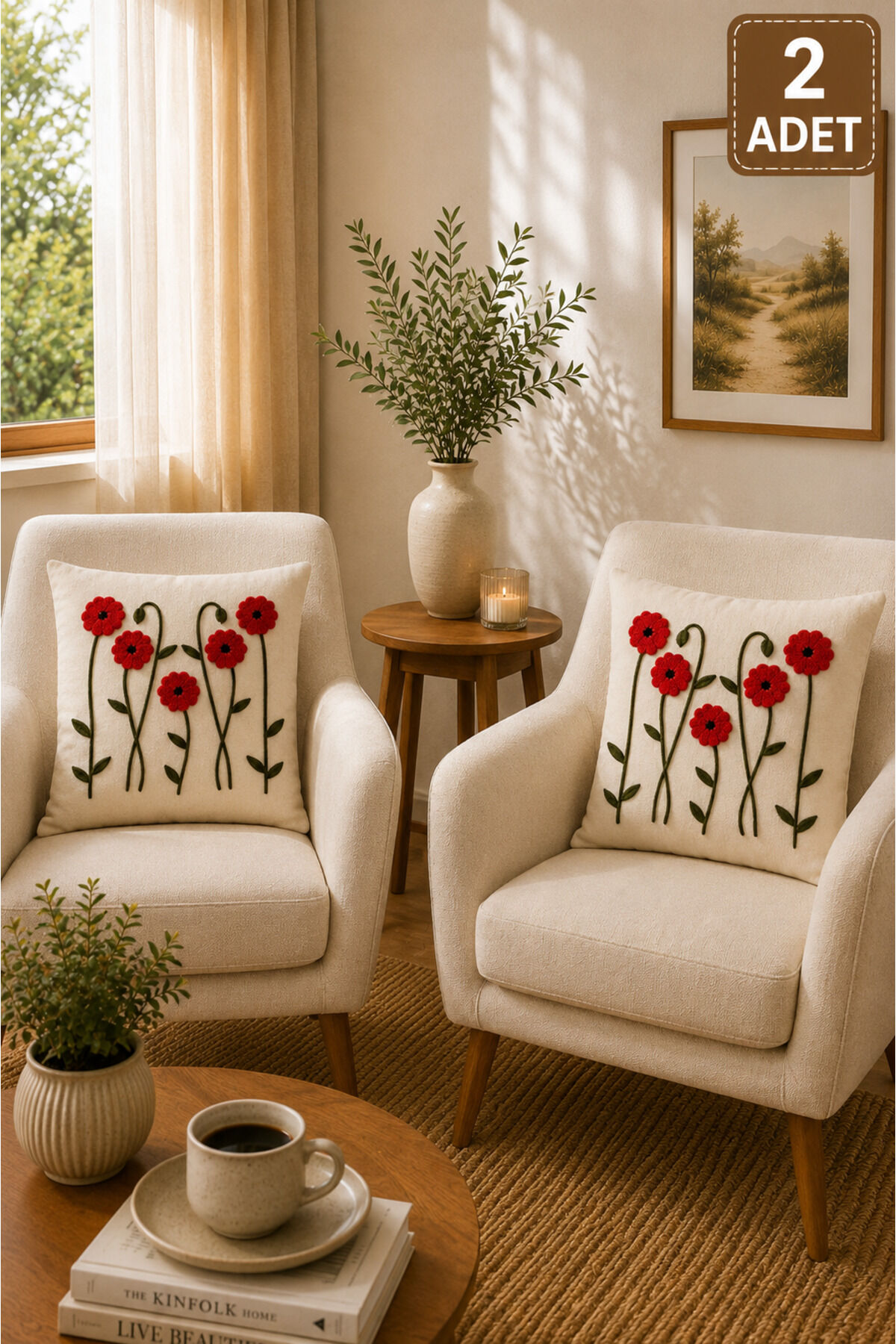 2 Adet Punch Kırlent Kılıfı 43x43 cm – Dekoratif Nakışlı Kırlent Seti Bej7