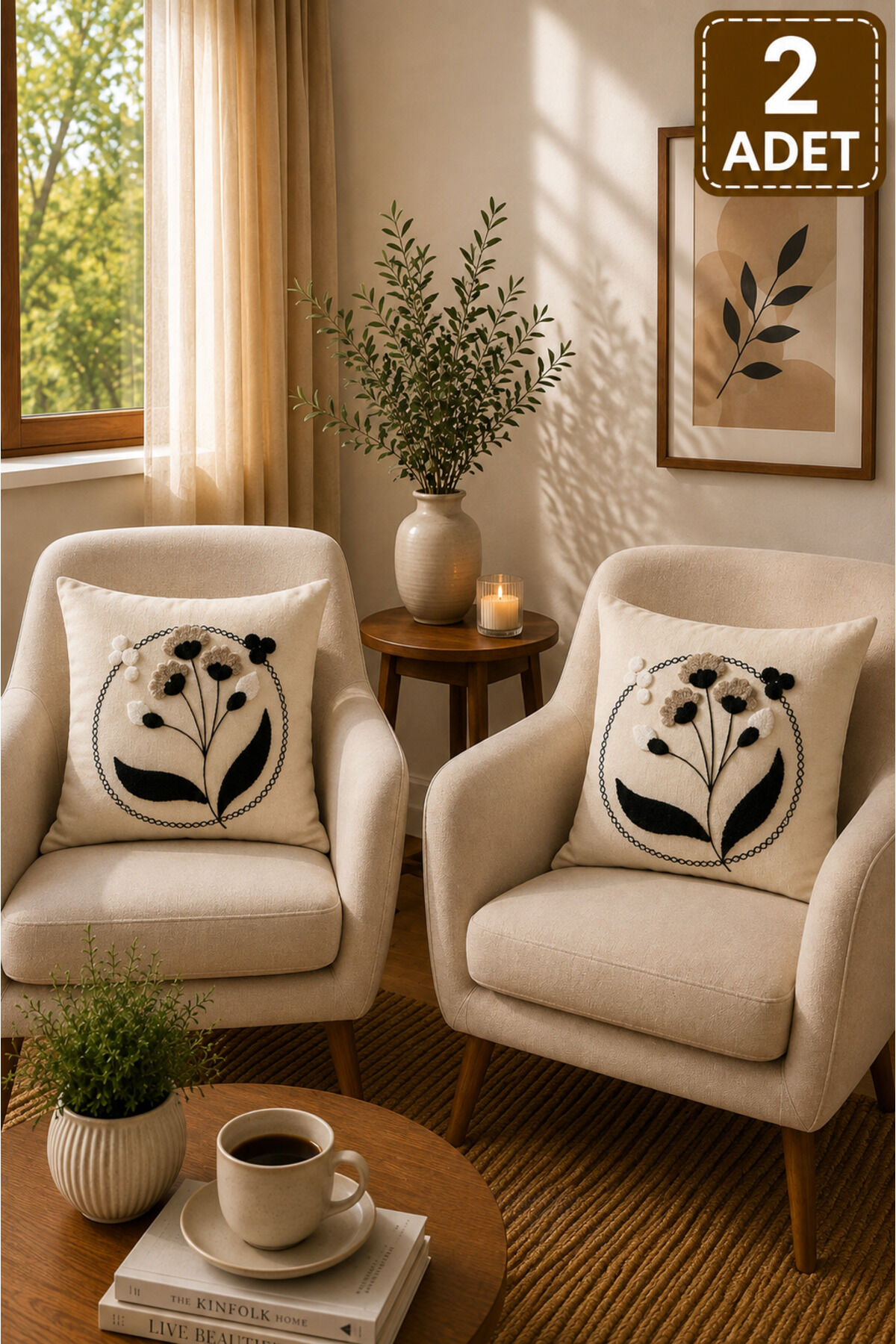 2 Adet Punch Kırlent Kılıfı 43x43 cm – Dekoratif Nakışlı Kırlent Seti Bej17