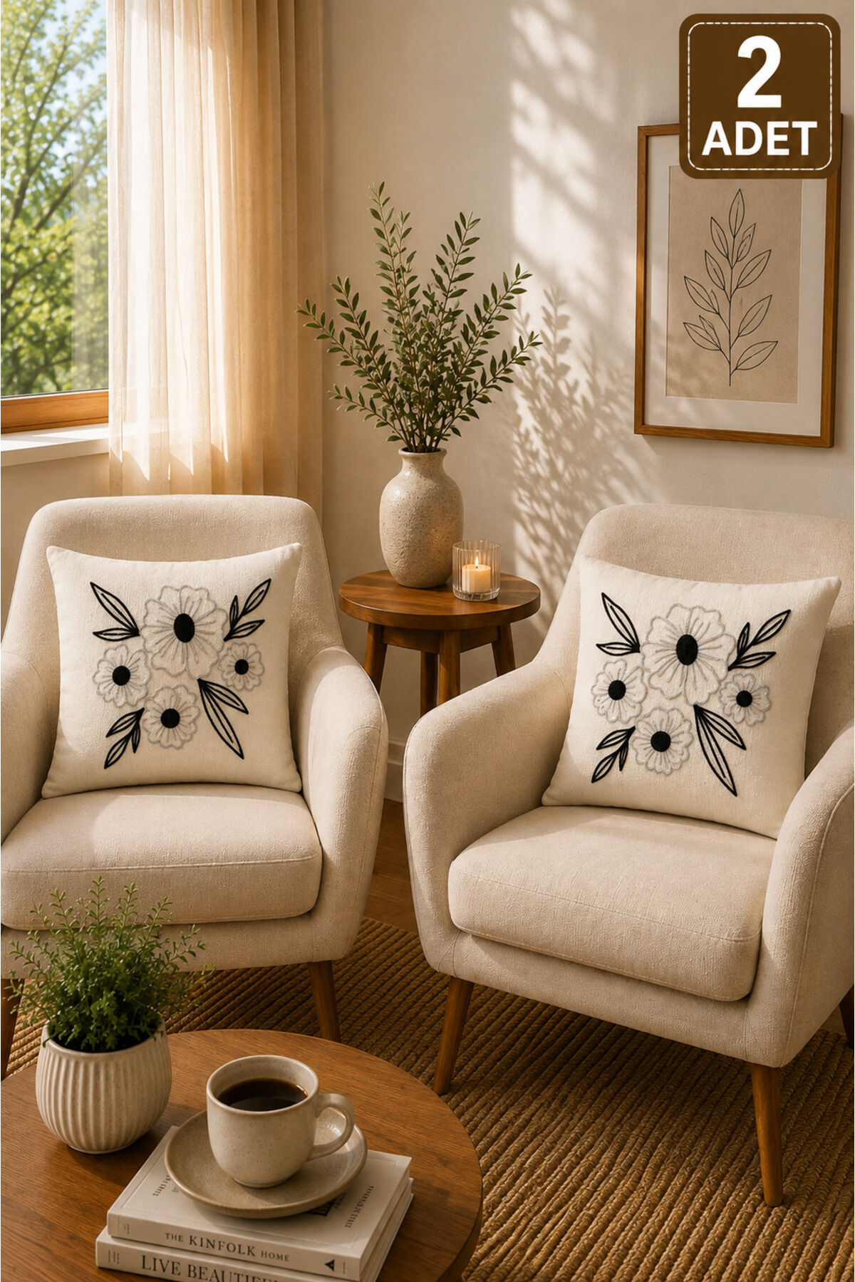 2 Adet Punch Kırlent Kılıfı 43x43 cm – Dekoratif Nakışlı Kırlent Seti Bej11