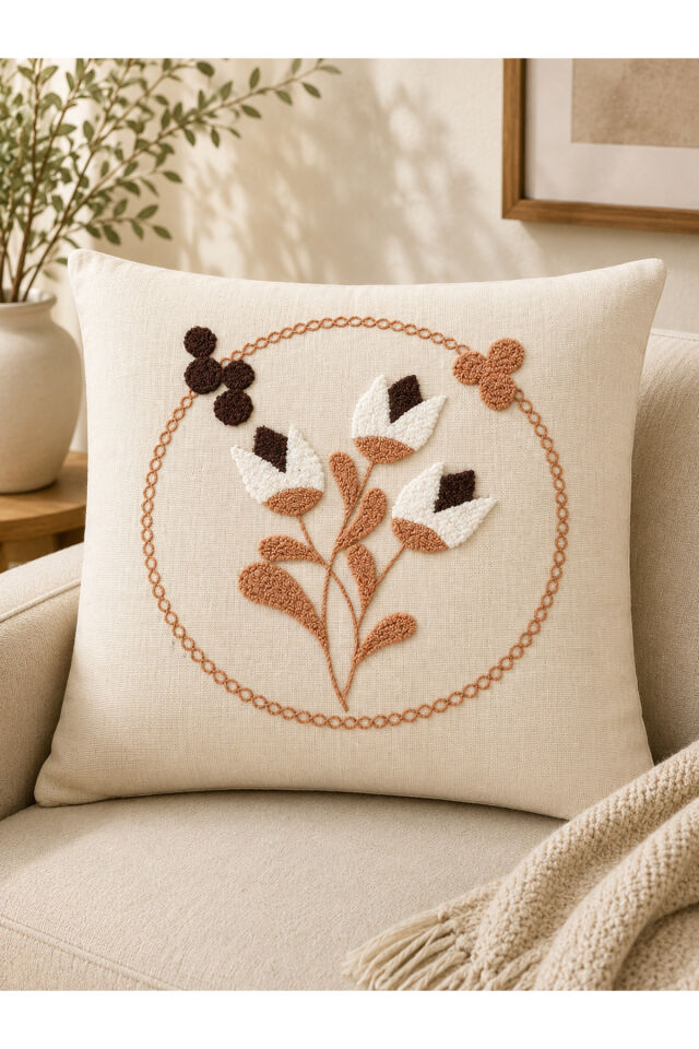 2 Adet Punch Kırlent Kılıfı 43x43 cm – Dekoratif Nakışlı Kırlent Seti Bej14