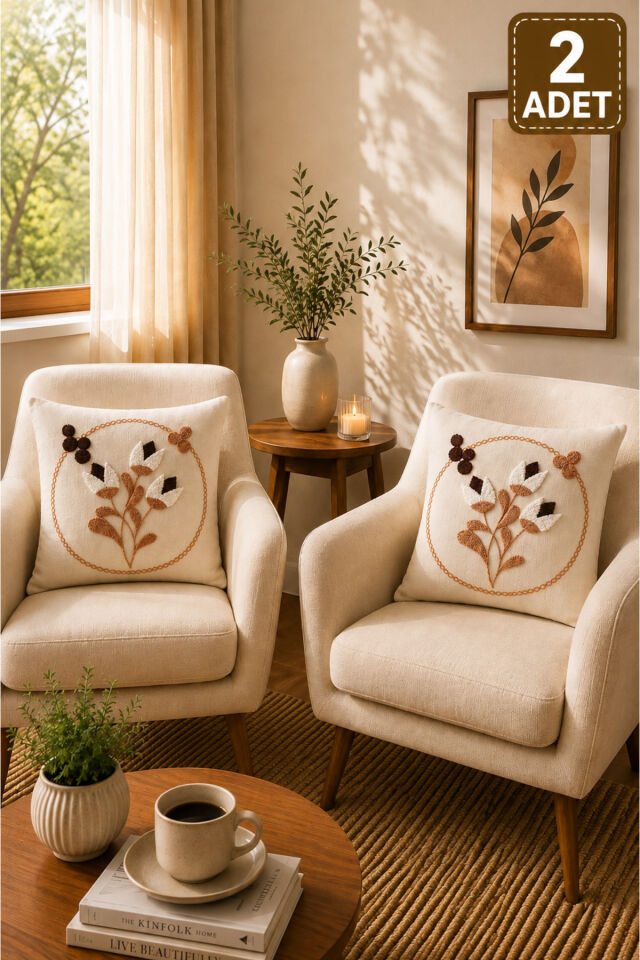 2 Adet Punch Kırlent Kılıfı 43x43 cm – Dekoratif Nakışlı Kırlent Seti Bej14