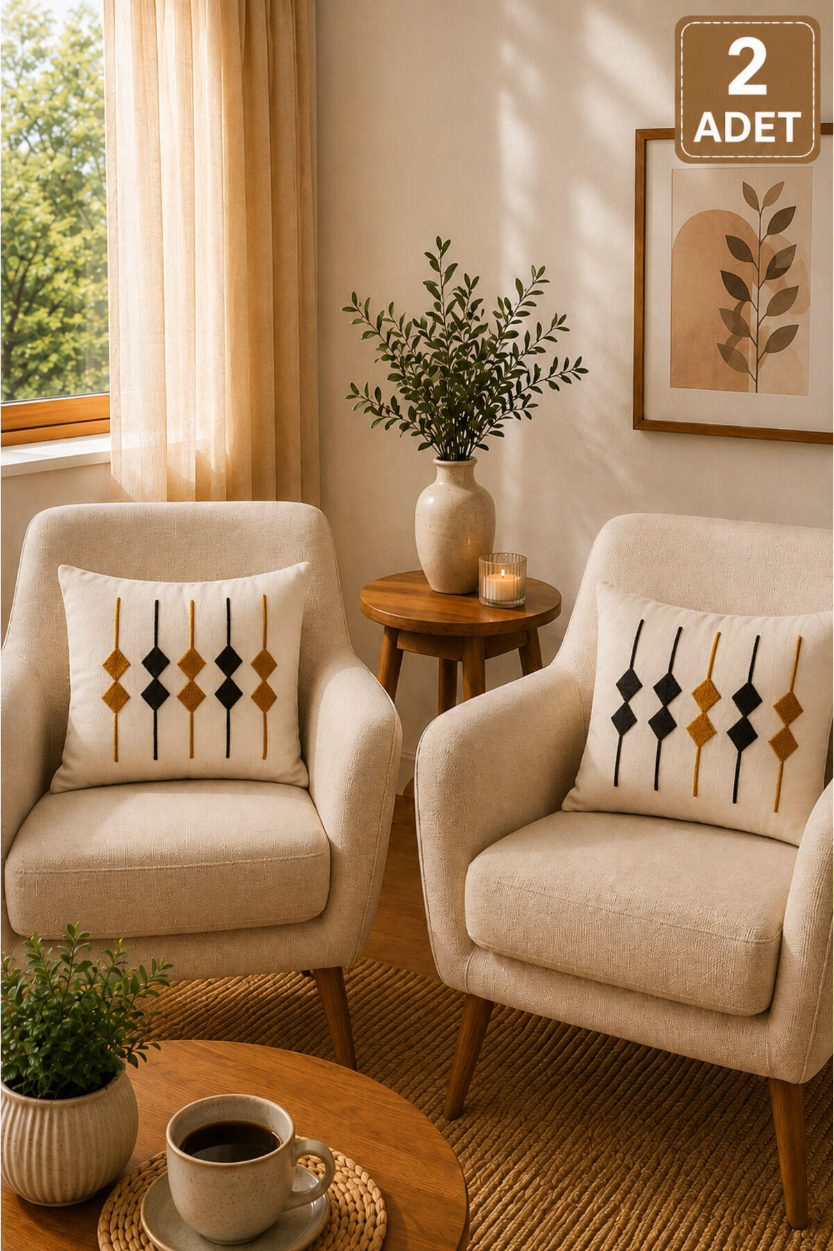 2 Adet Punch Kırlent Kılıfı 43x43 cm – Dekoratif Nakışlı Kırlent Seti Bej5
