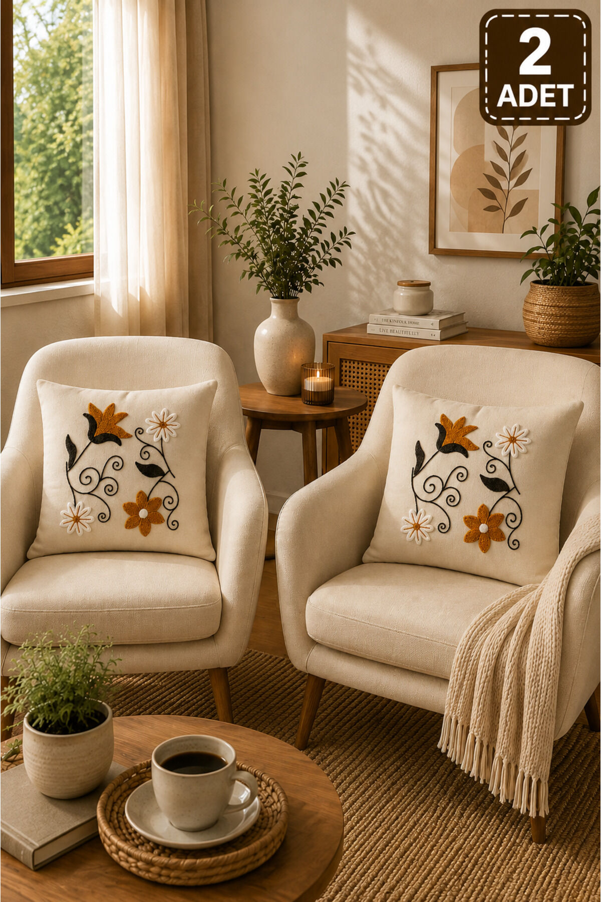 2 Adet Punch Kırlent Kılıfı 43x43 cm – Dekoratif Nakışlı Kırlent Seti Bej26