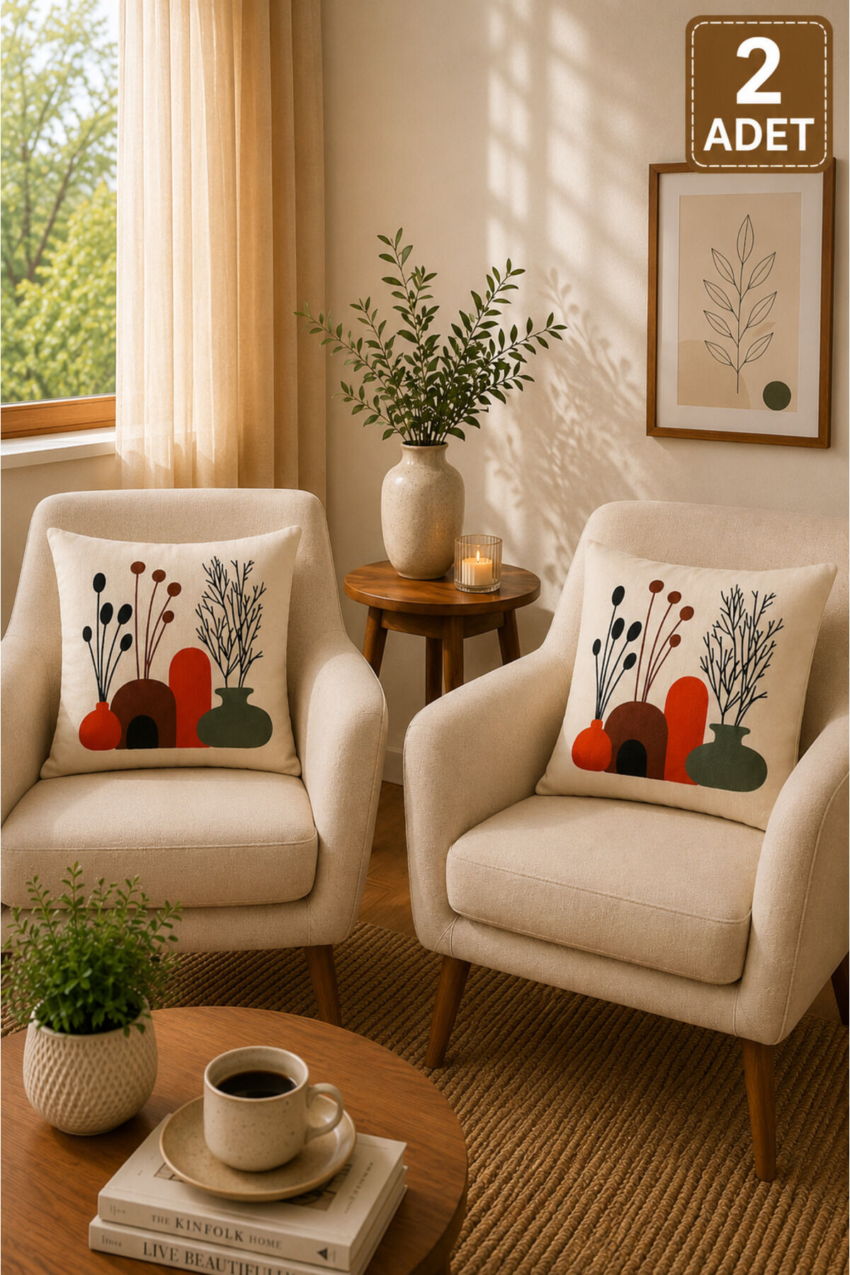 2 Adet Punch Kırlent Kılıfı 43x43 cm – Dekoratif Nakışlı Kırlent Seti Bej9