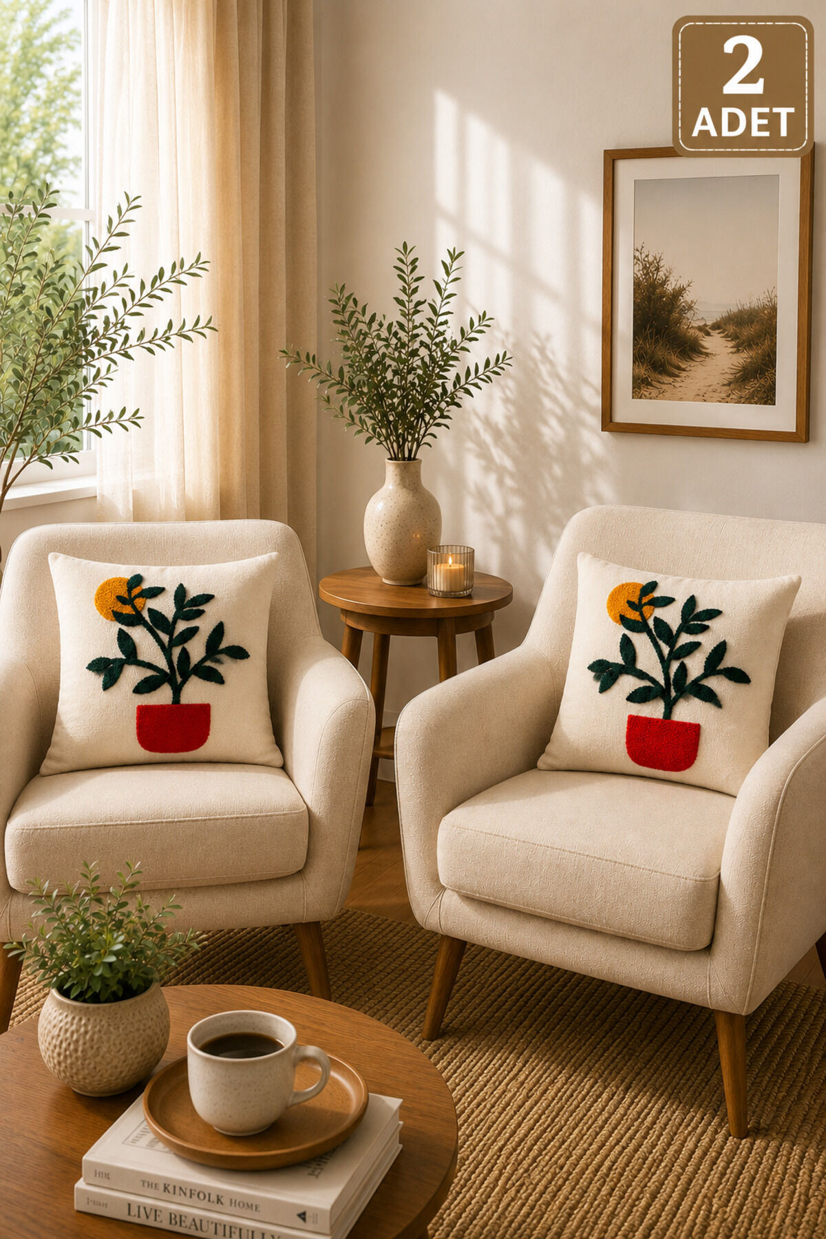 2 Adet Punch Kırlent Kılıfı 43x43 cm – Dekoratif Nakışlı Kırlent Seti Bej4