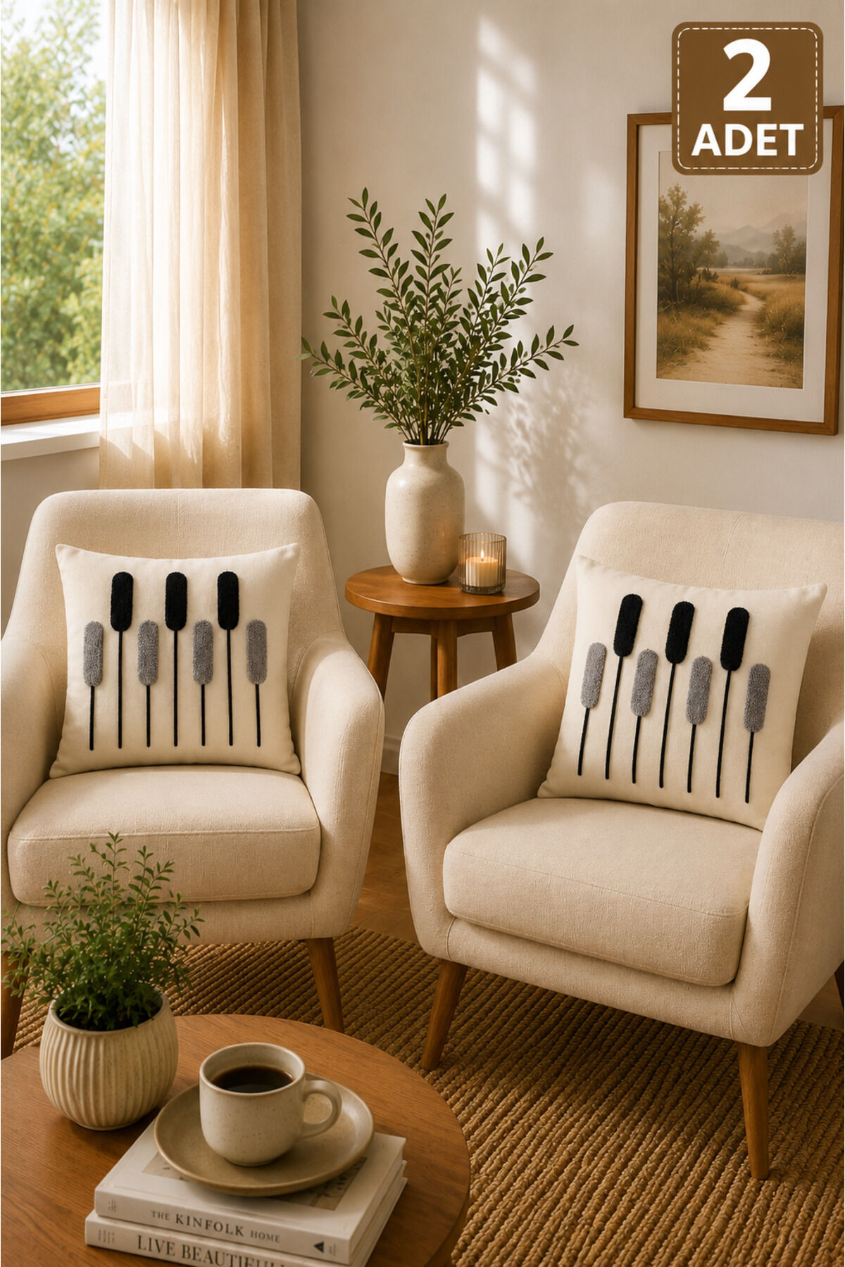 2 Adet Punch Kırlent Kılıfı 43x43 cm – Dekoratif Nakışlı Kırlent Seti Bej6