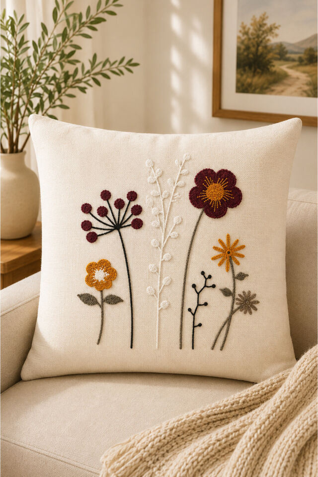 2 Adet Punch Kırlent Kılıfı 43x43 cm – Dekoratif Nakışlı Kırlent Seti Bej1