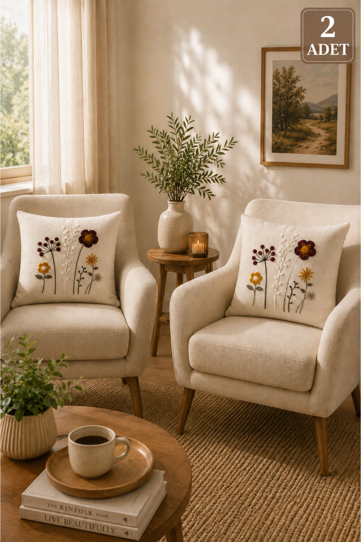 2 Adet Punch Kırlent Kılıfı 43x43 cm – Dekoratif Nakışlı Kırlent Seti Bej1