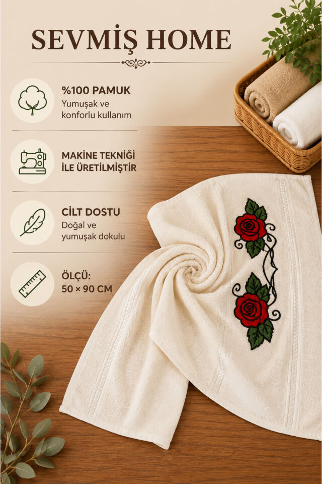 %100 Pamuk Nakışlı El Yüz Havlusu 50x90 cm – Yumuşak Dokulu Dekoratif Havlu Bej5