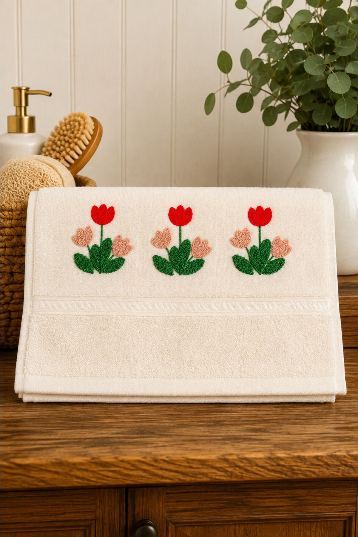 %100 Pamuk Nakışlı El Yüz Havlusu 50x90 cm – Yumuşak Dokulu Dekoratif Havlu Bej3