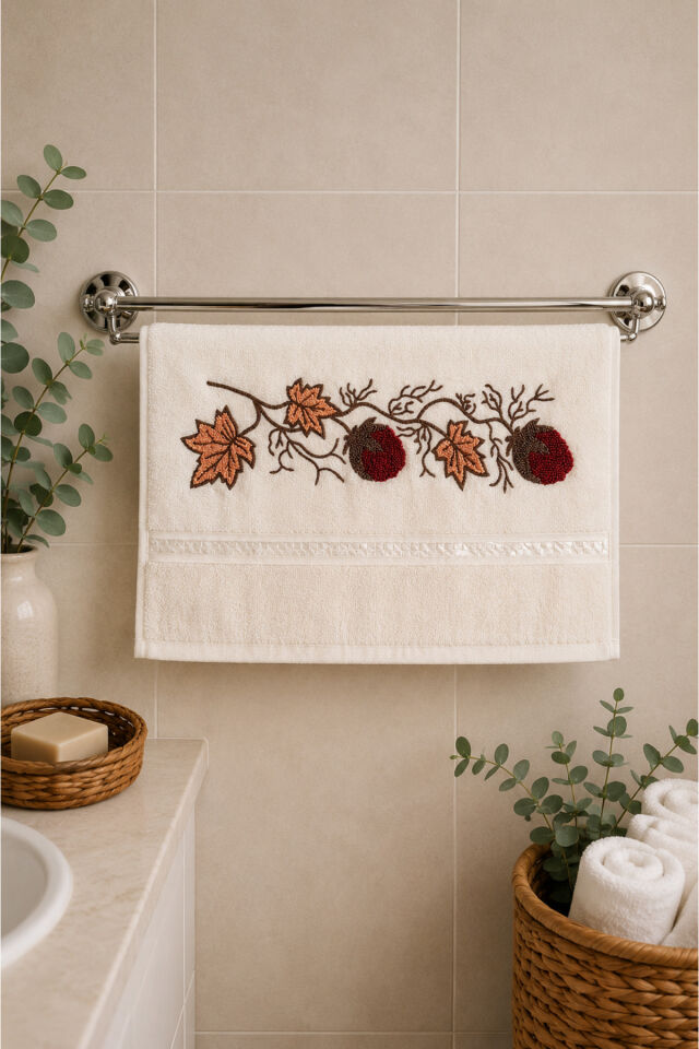 %100 Pamuk Nakışlı El Yüz Havlusu 50x90 cm – Yumuşak Dokulu Dekoratif Havlu Bej4