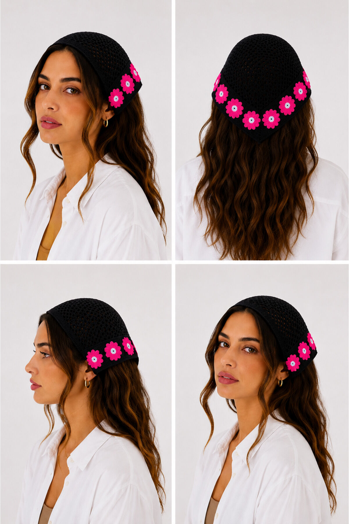 Kadın Örgü Bandana Çiçek Motifli Yazlık Bohem Saç Bandanası Fuşya