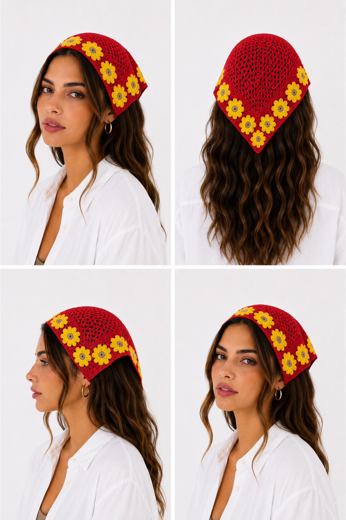 Kadın Örgü Bandana Çiçek Motifli Yazlık Bohem Saç Bandanası Kırmızısarı