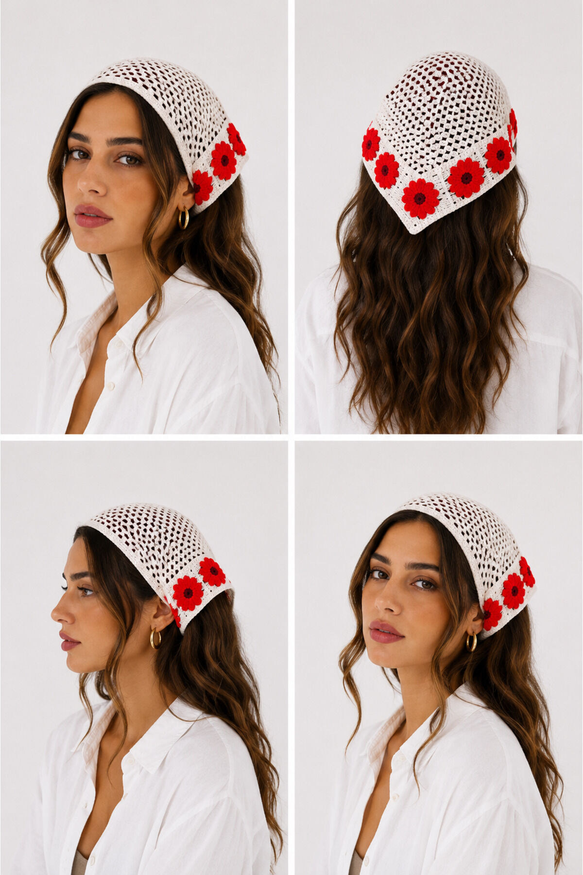Kadın Örgü Bandana Çiçek Motifli Yazlık Bohem Saç Bandanası Beyaz